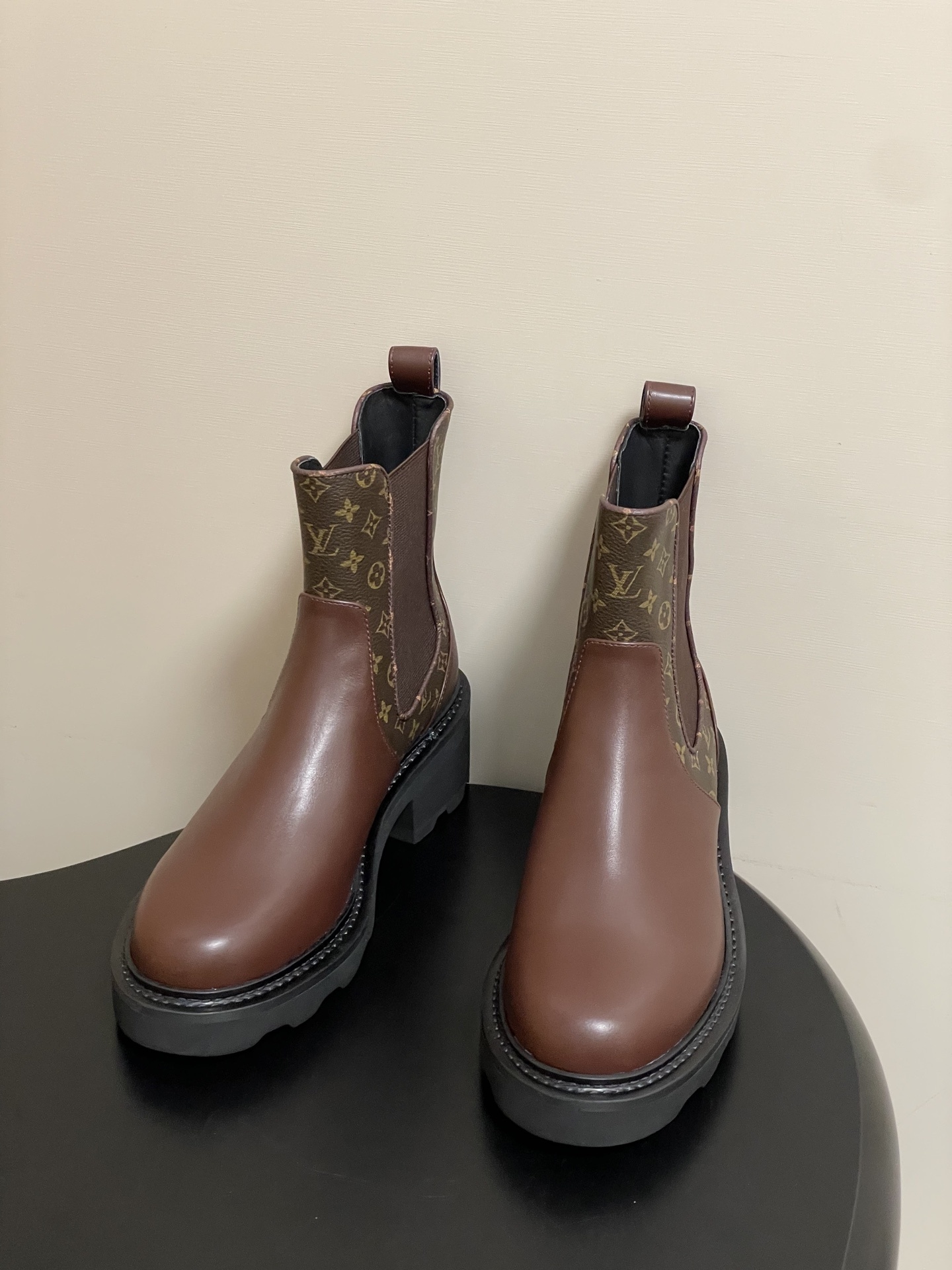 LV Style Monogram Brown Leather Chelsea Boots - Chunky Lug Sole