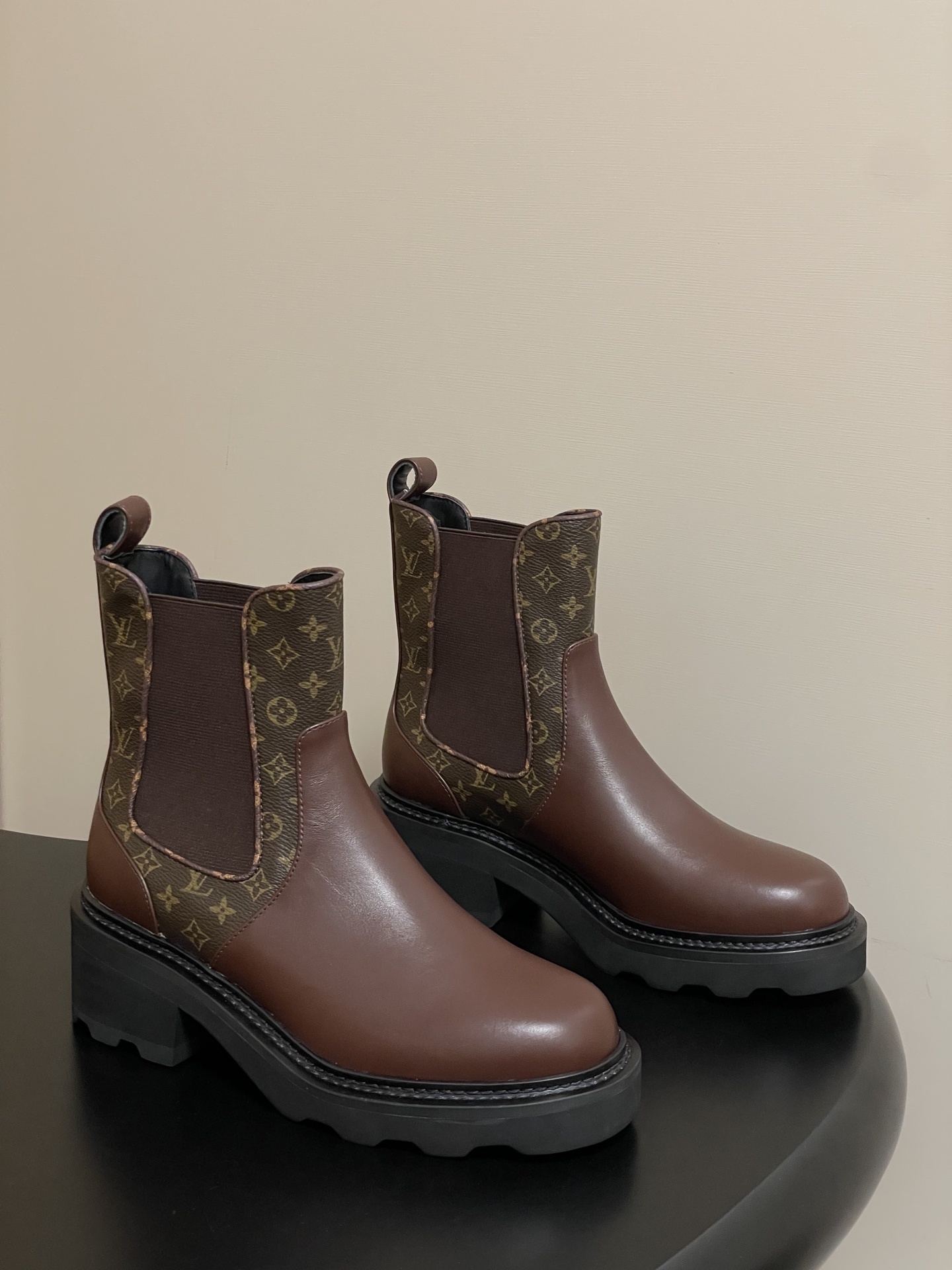 LV Style Monogram Brown Leather Chelsea Boots – Chunky Lug Sole