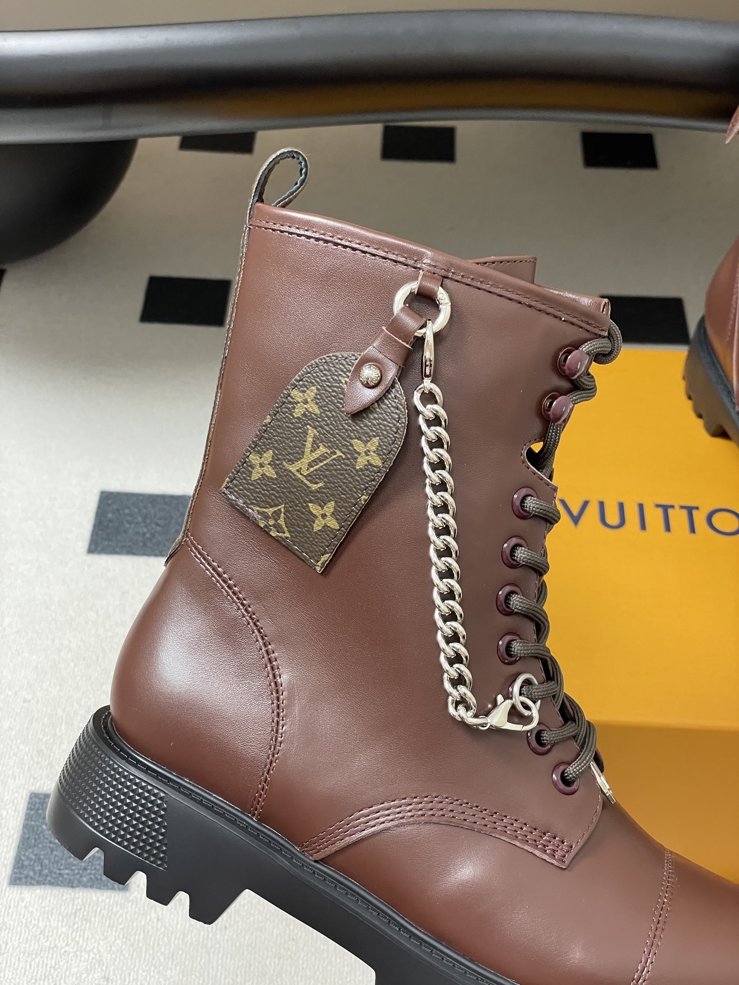 Luxury Brown Leather Combat Boots with Silver Chain Detail