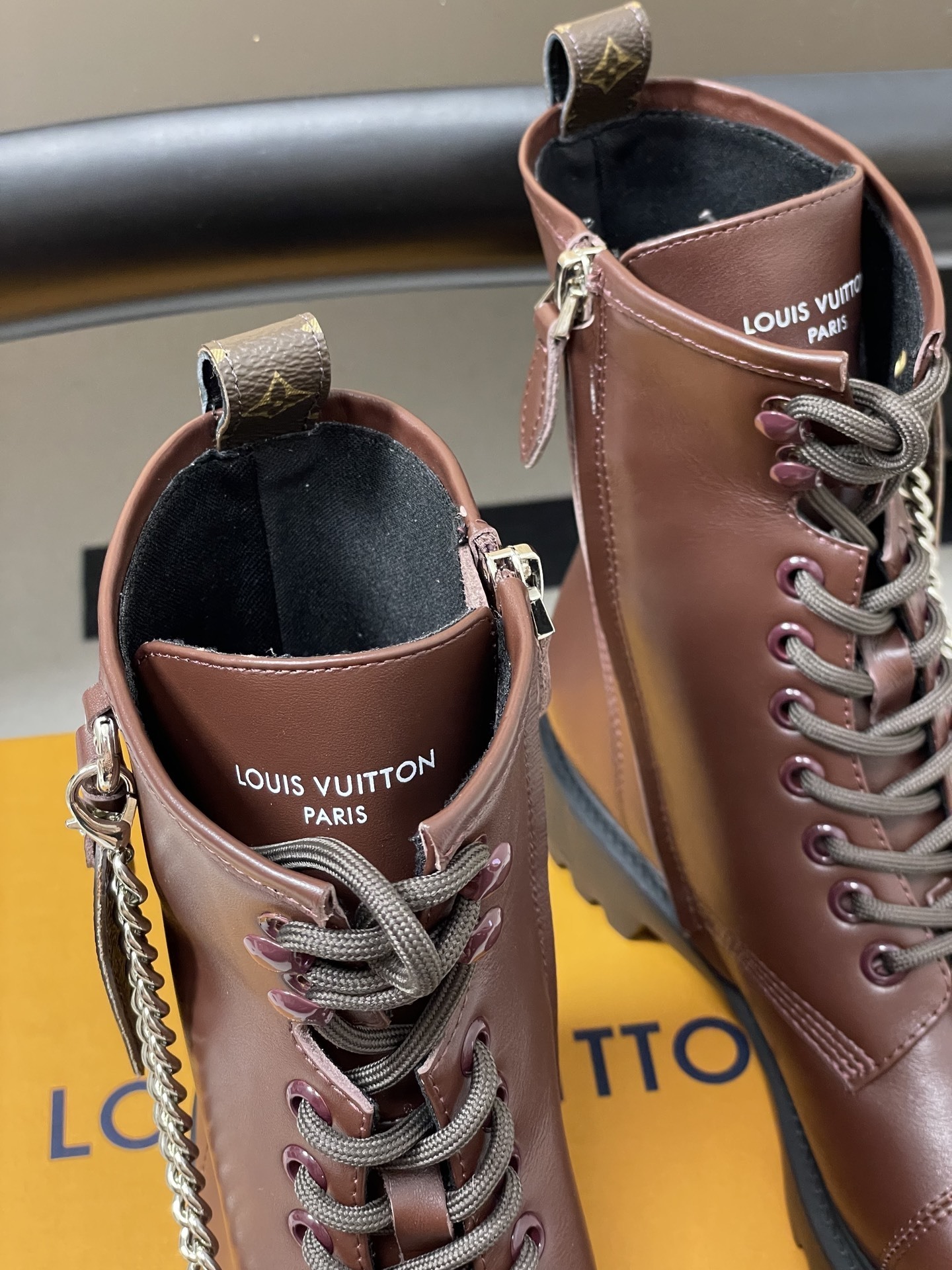 Luxury Brown Leather Combat Boots with Silver Chain Detail