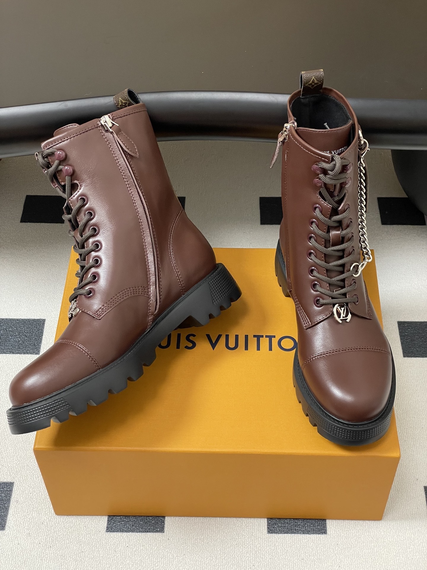 Luxury Brown Leather Combat Boots with Silver Chain Detail