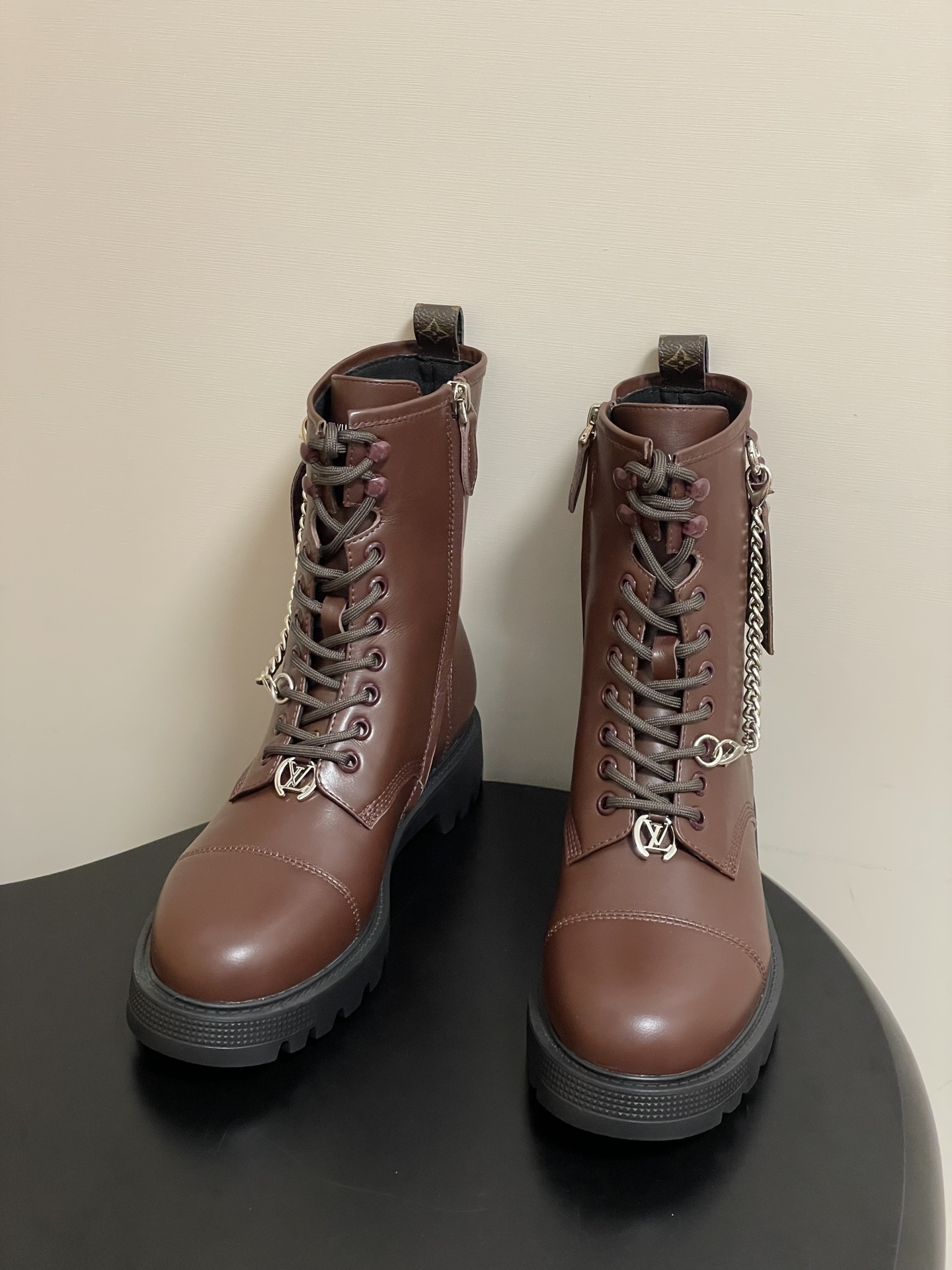 Luxury Brown Leather Combat Boots with Silver Chain Detail
