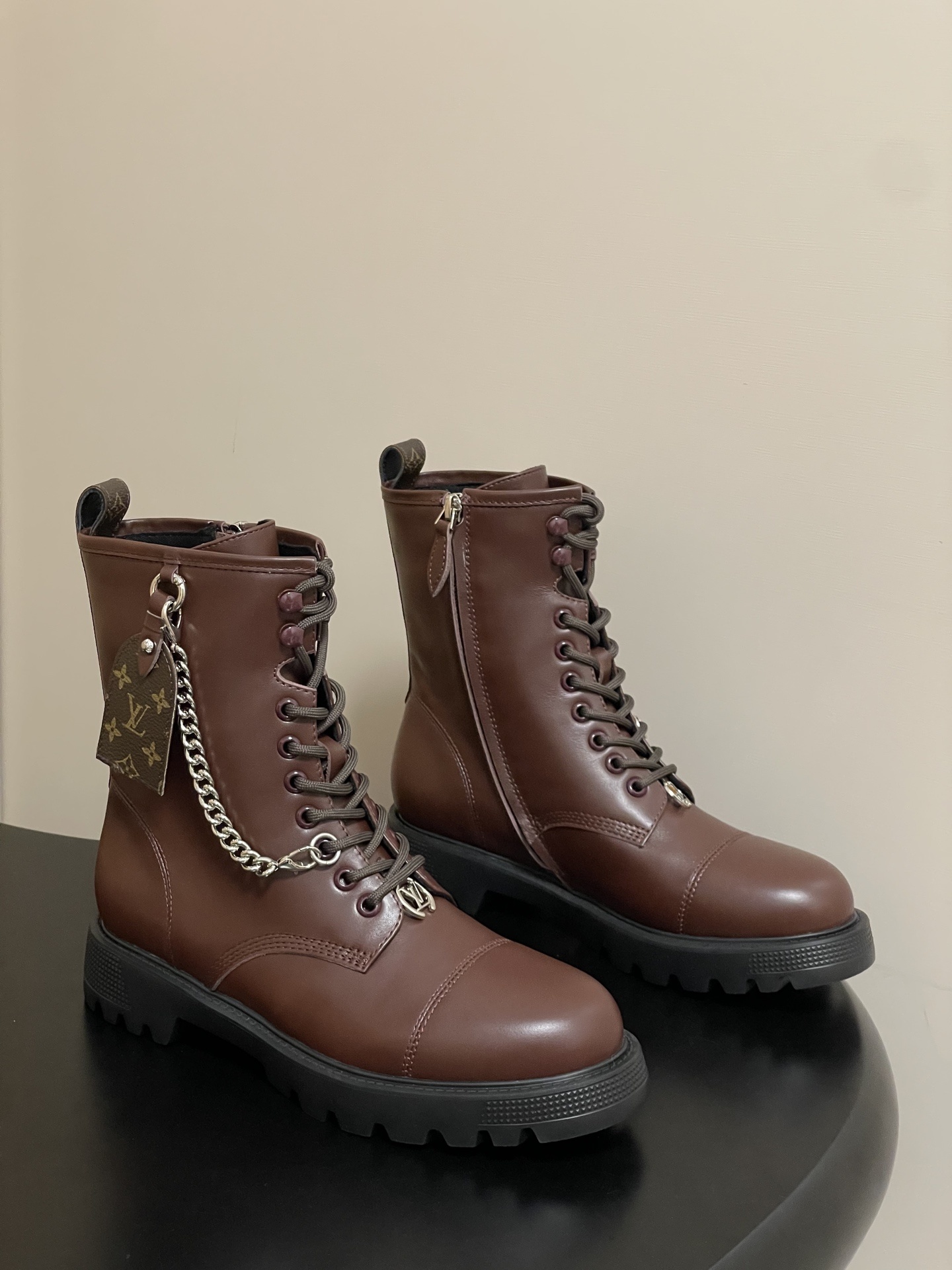 Luxury Brown Leather Combat Boots with Silver Chain Detail
