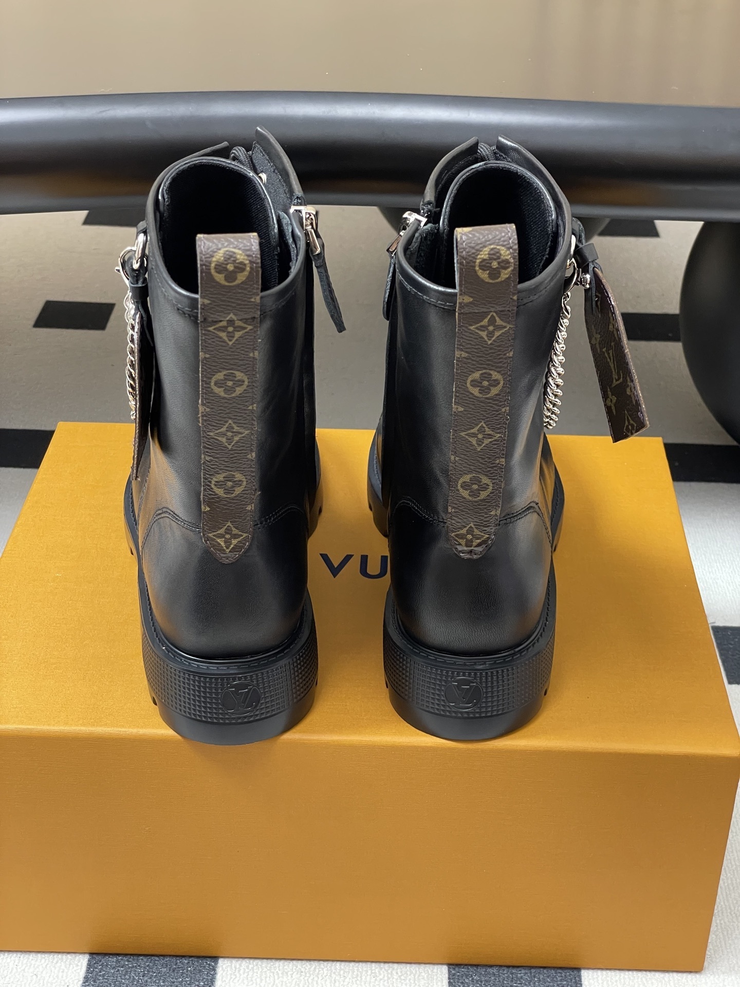 Louis Vuitton Black Leather Ranger Boots with Monogram Detail