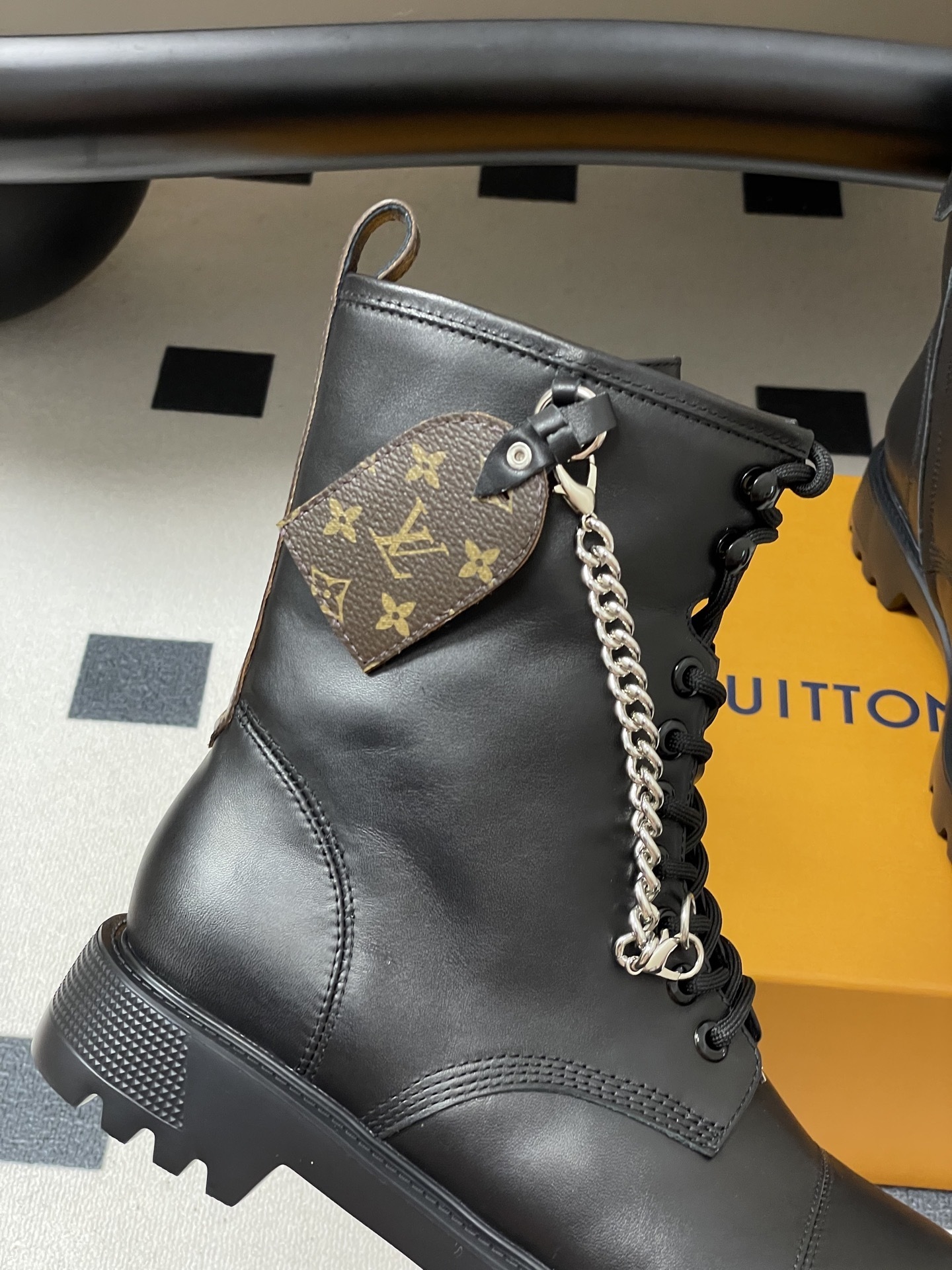Louis Vuitton Black Leather Ranger Boots with Monogram Detail