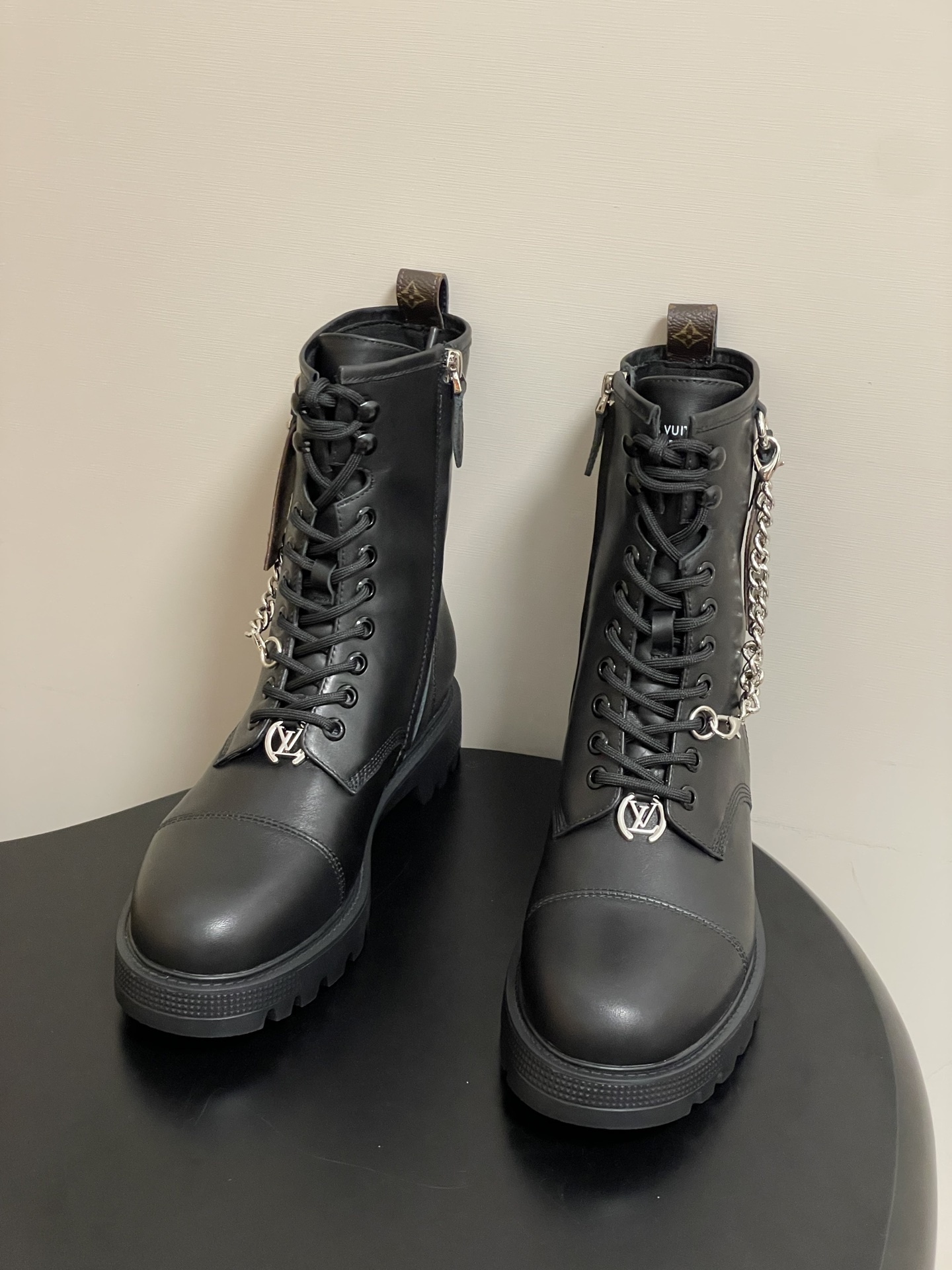Louis Vuitton Black Leather Ranger Boots with Monogram Detail