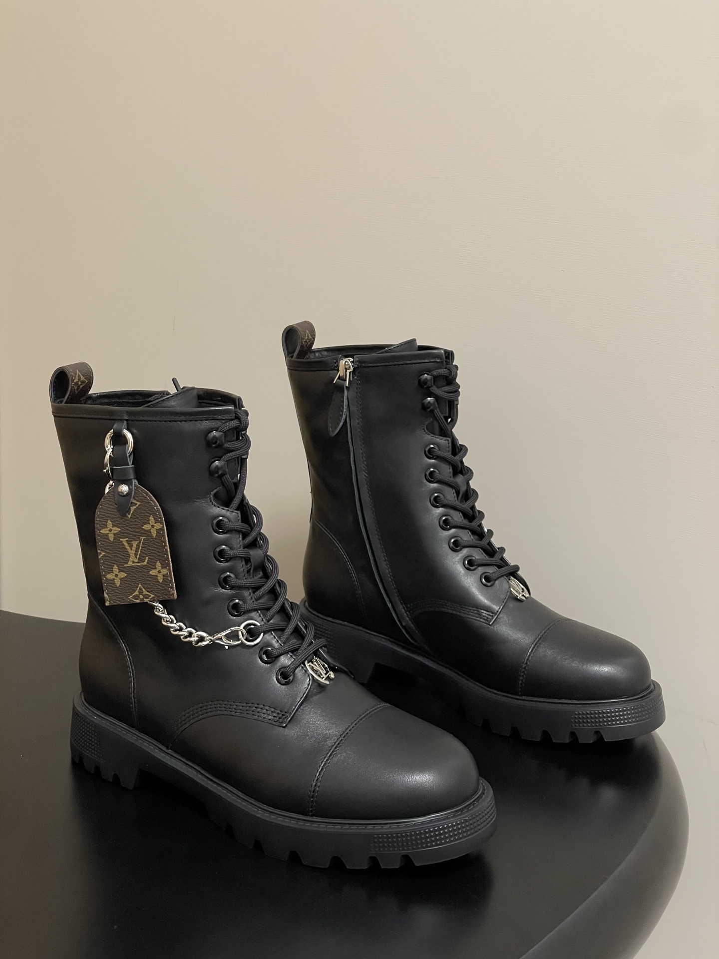 Louis Vuitton Black Leather Ranger Boots with Monogram Detail