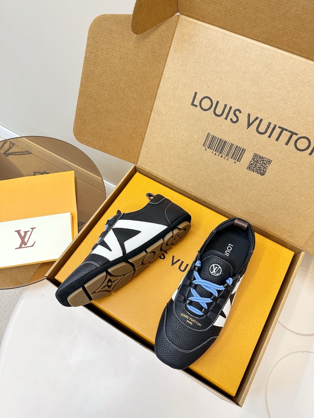 Louis Vuitton Men's Black Textured Leather Sneakers with Blue Laces