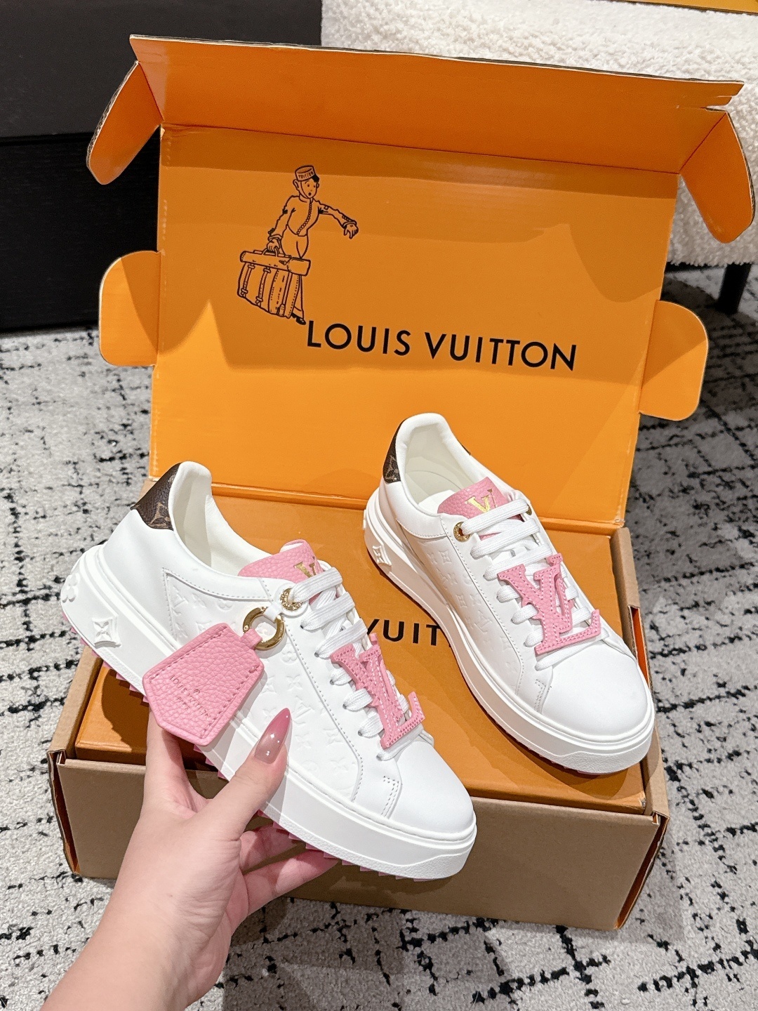 Louis Vuitton White & Pink Monogram Leather Sneakers for Women