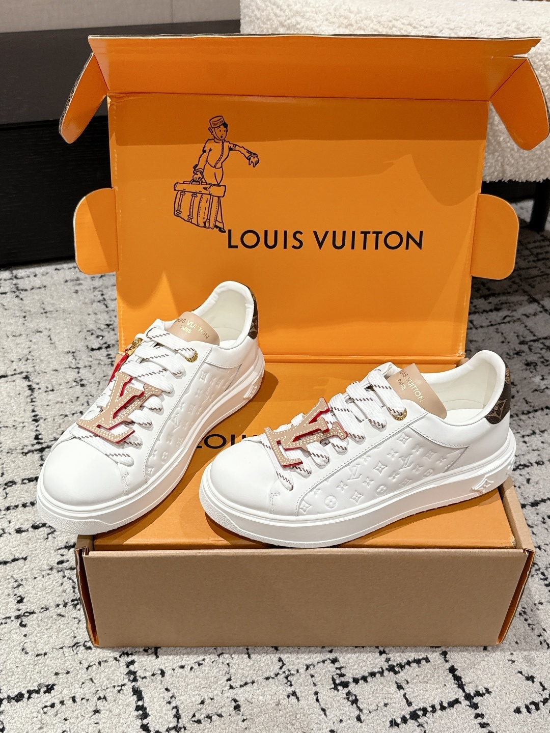 Louis Vuitton White Monogram Embossed Sneakers with Large LV Logo