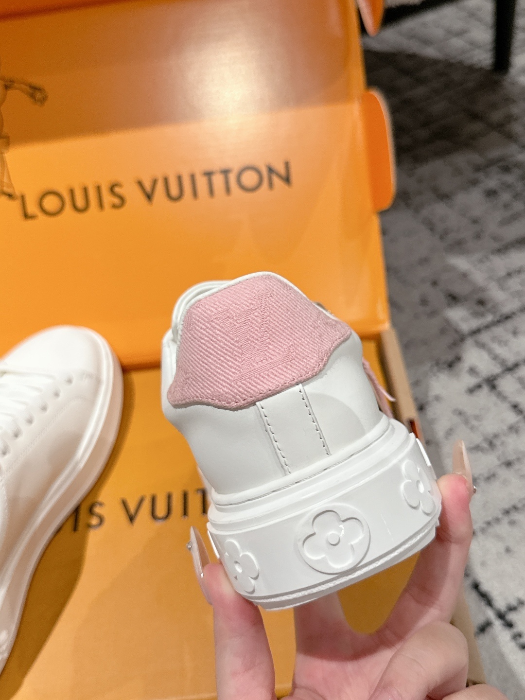 Louis Vuitton Women's White Leather Sneakers with Pink Accents