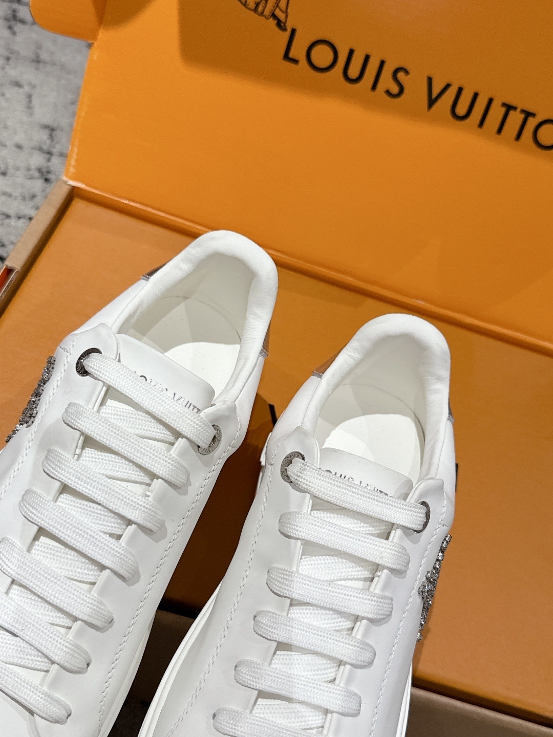 Louis Vuitton White Leather Crystal Monogram Women's Sneakers