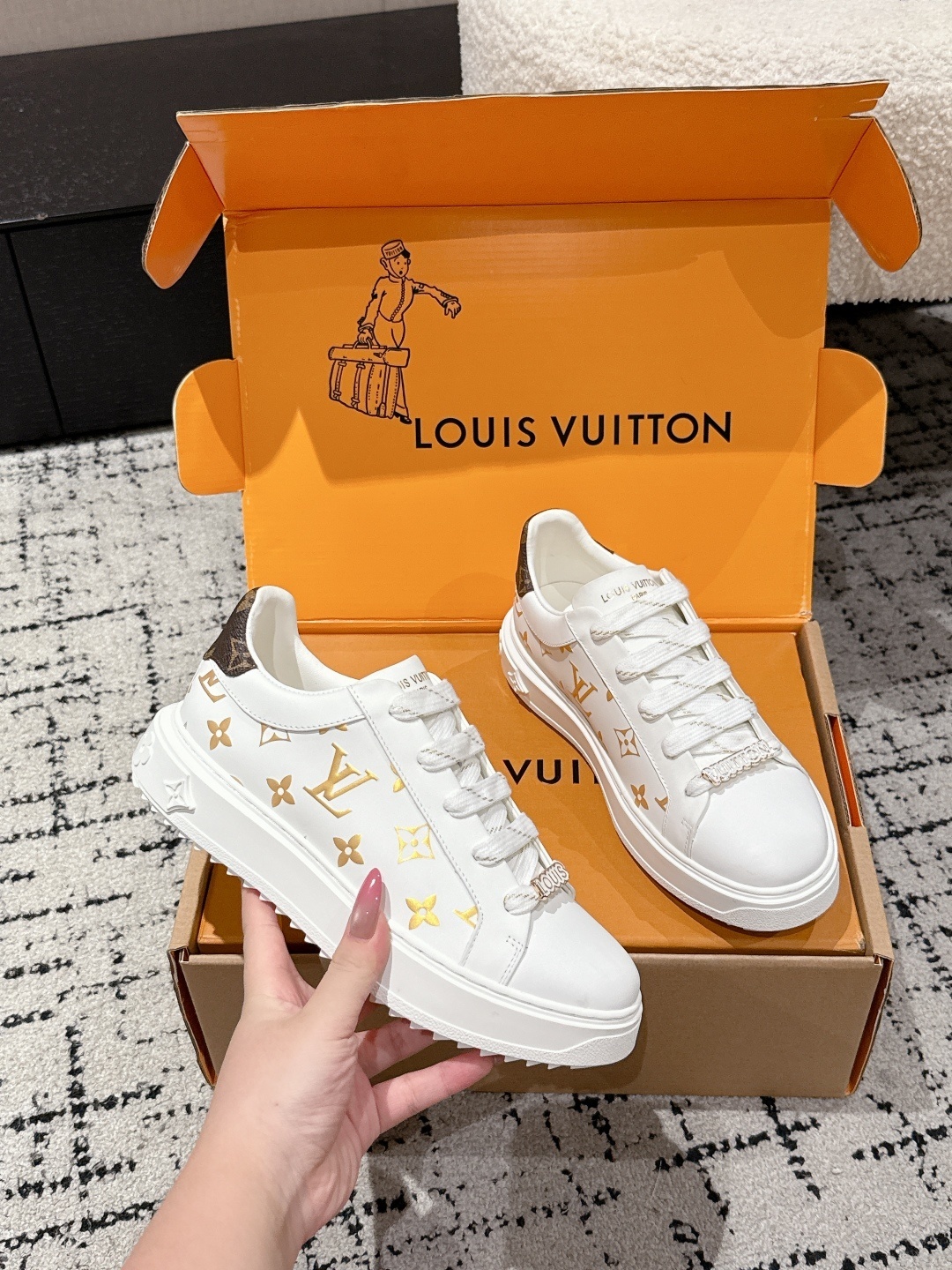Louis Vuitton White Leather Monogram Sneakers with Lace Charms