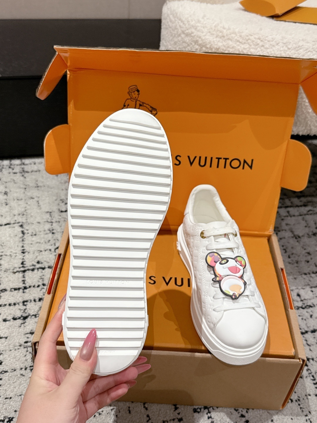 Louis Vuitton White Monogram Leather Sneakers with Panda Characters