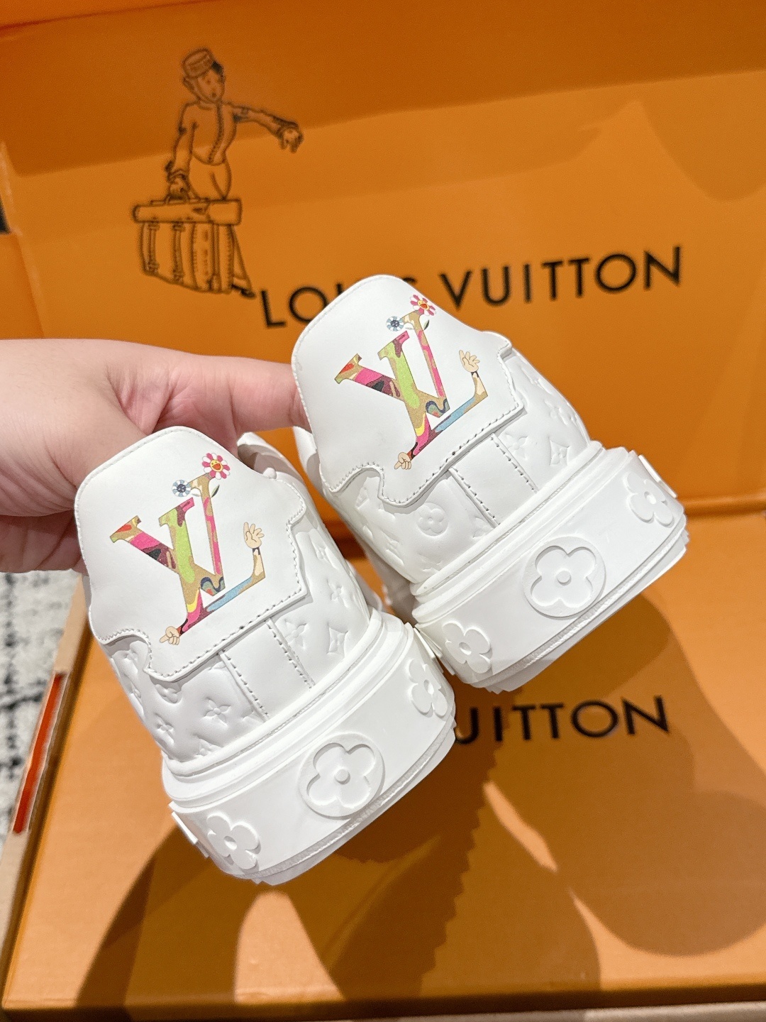 Louis Vuitton White Monogram Leather Sneakers with Panda Characters