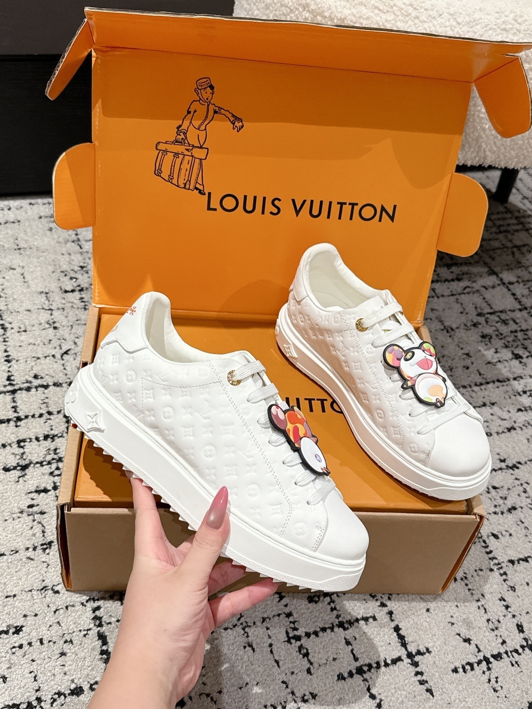 Louis Vuitton White Monogram Leather Sneakers with Panda Characters
