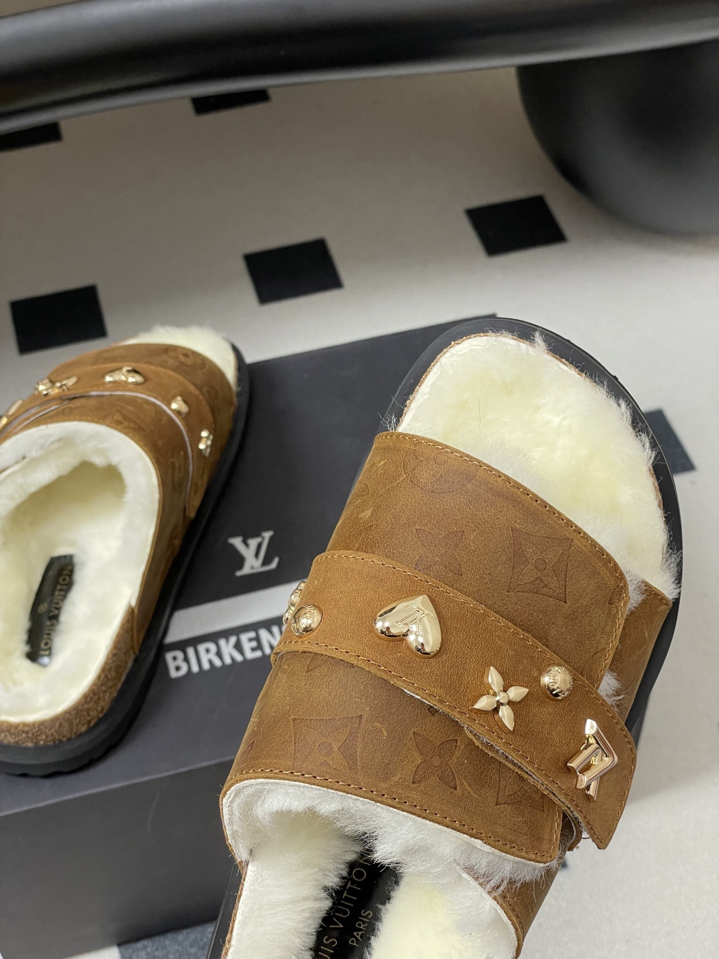 Luxury Monogram Fur Slides - Brown Shearling Sandals with Charms