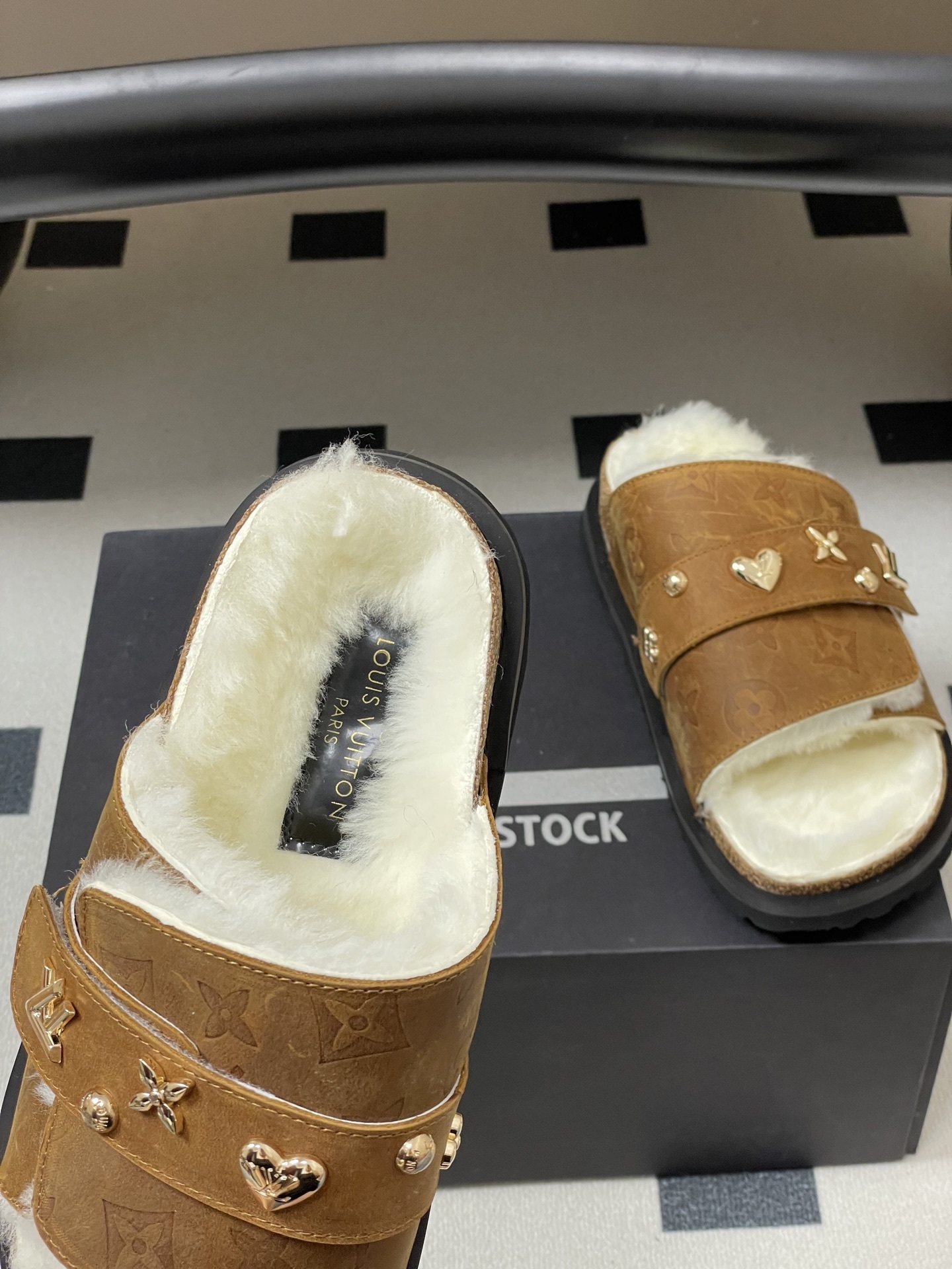 Luxury Monogram Fur Slides - Brown Shearling Sandals with Charms