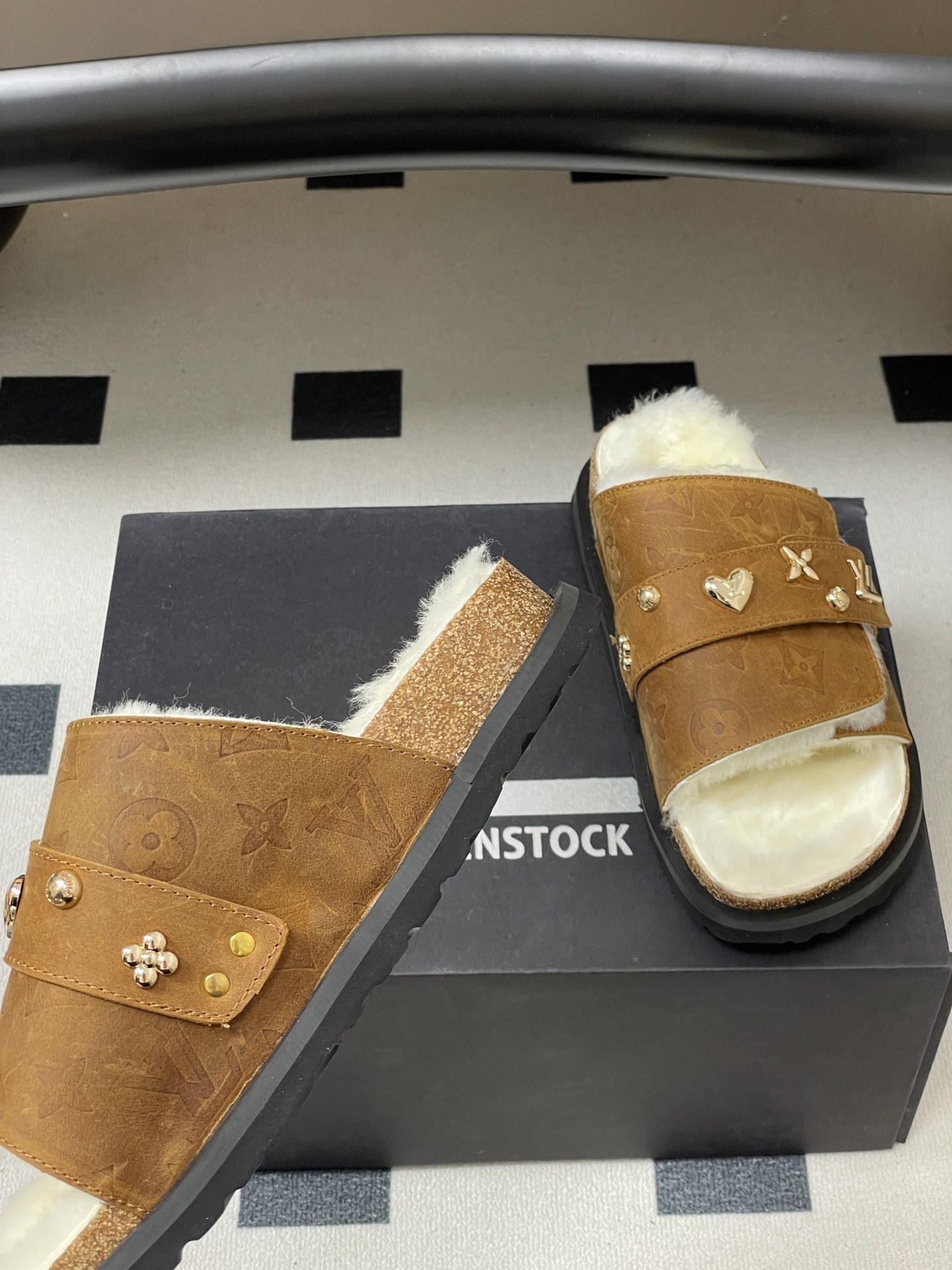 Luxury Monogram Fur Slides - Brown Shearling Sandals with Charms