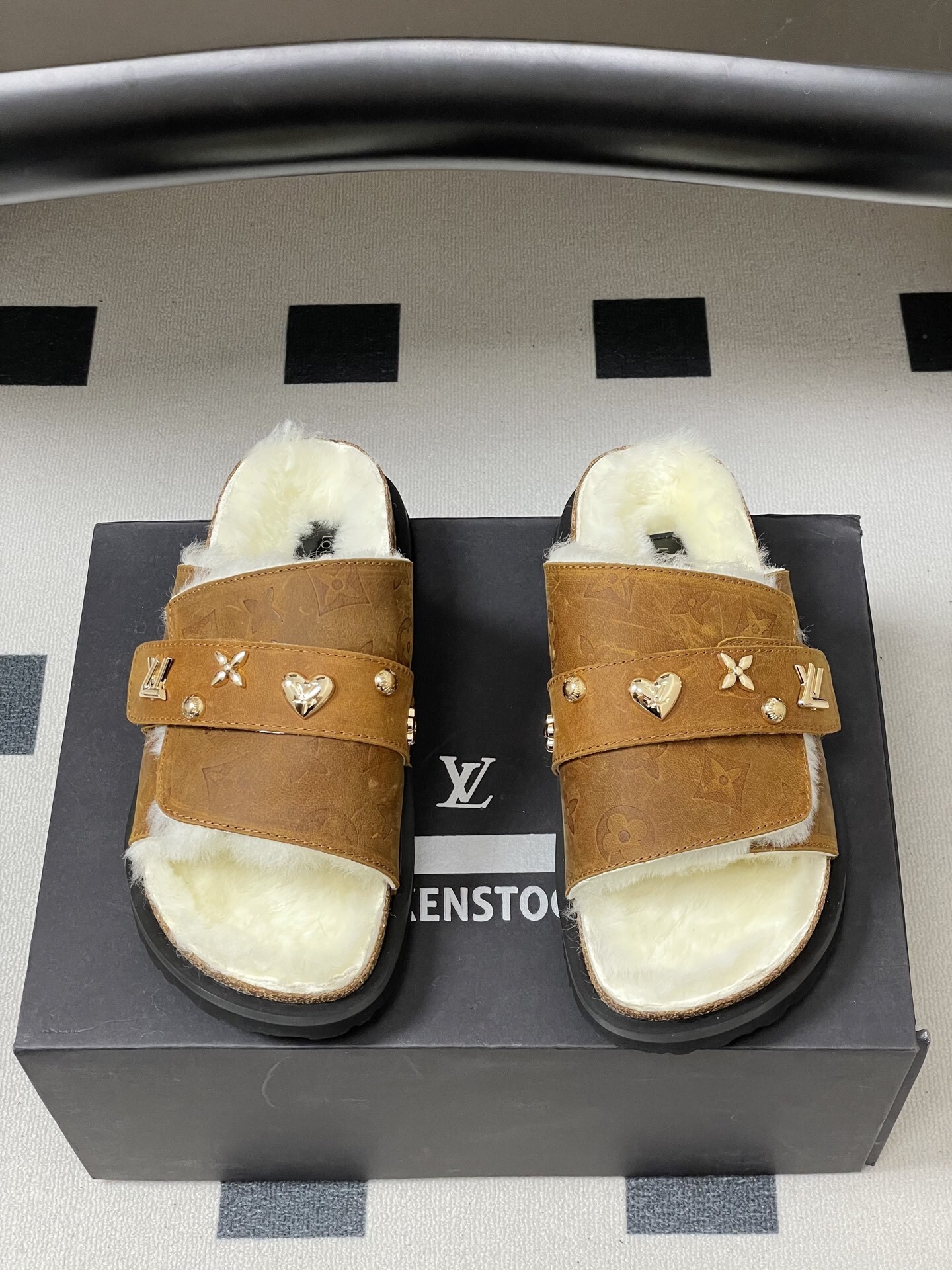 Luxury Monogram Fur Slides - Brown Shearling Sandals with Charms