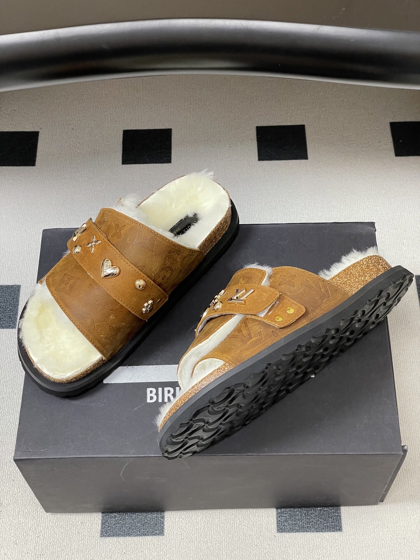 Luxury Monogram Fur Slides - Brown Shearling Sandals with Charms