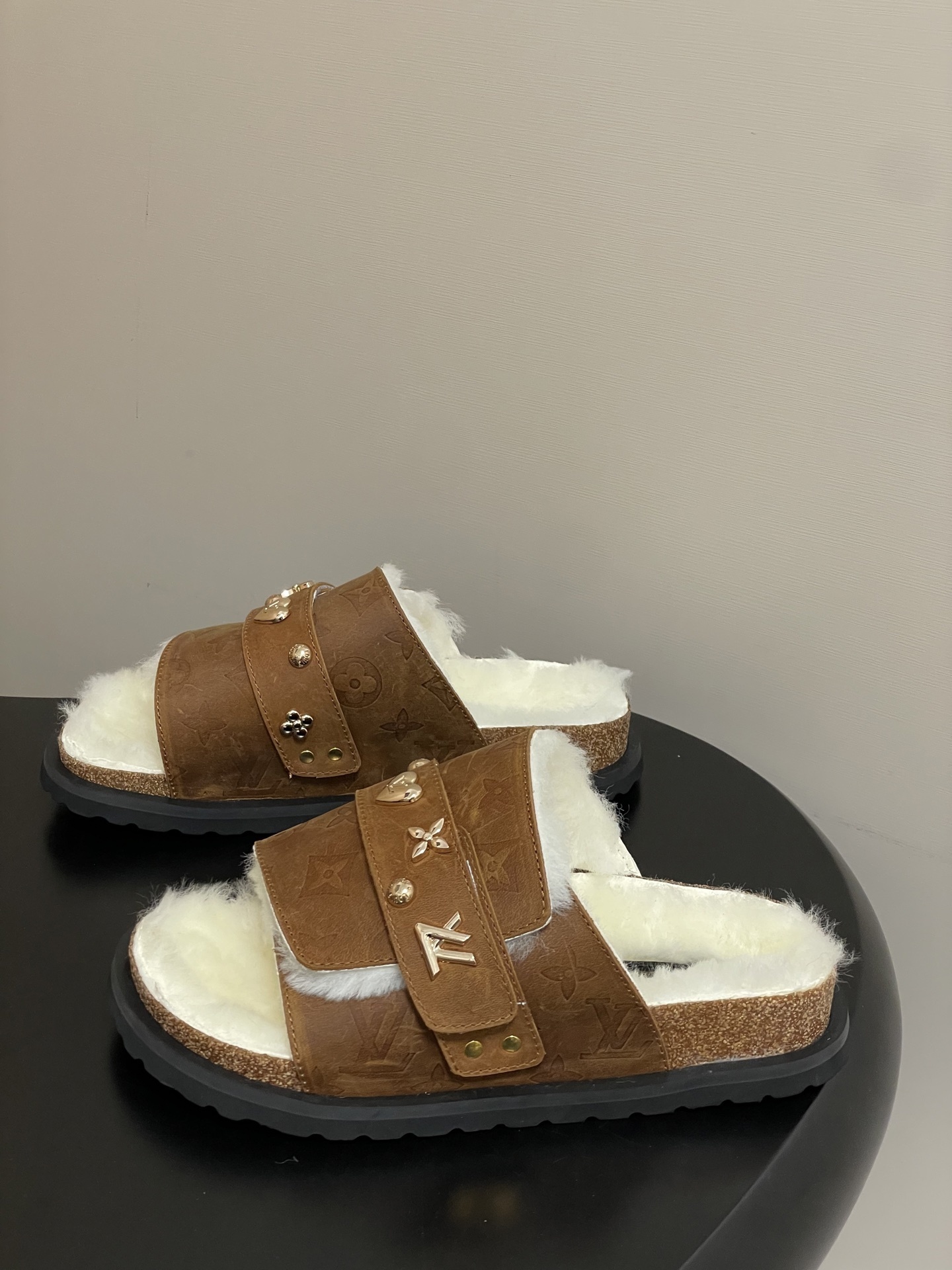 Luxury Monogram Fur Slides - Brown Shearling Sandals with Charms