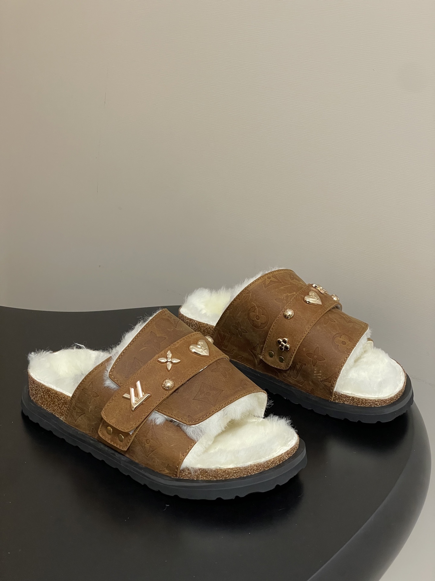 Luxury Monogram Fur Slides – Brown Shearling Sandals with Charms