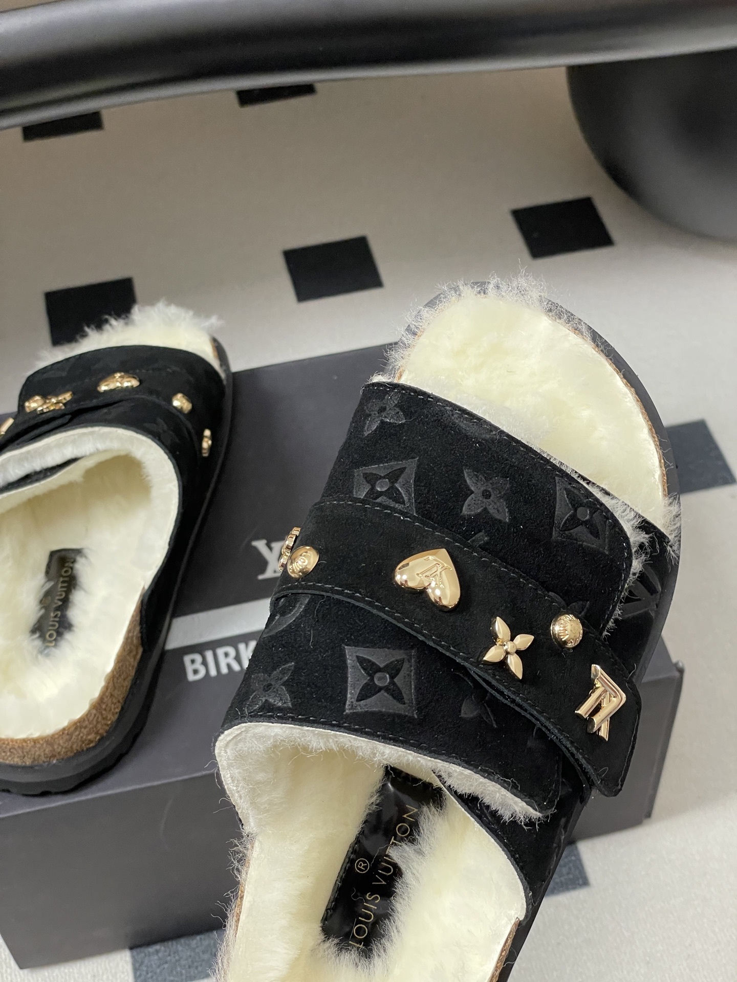 Luxury Monogram Suede Shearling Mules with Gold Charms - Black