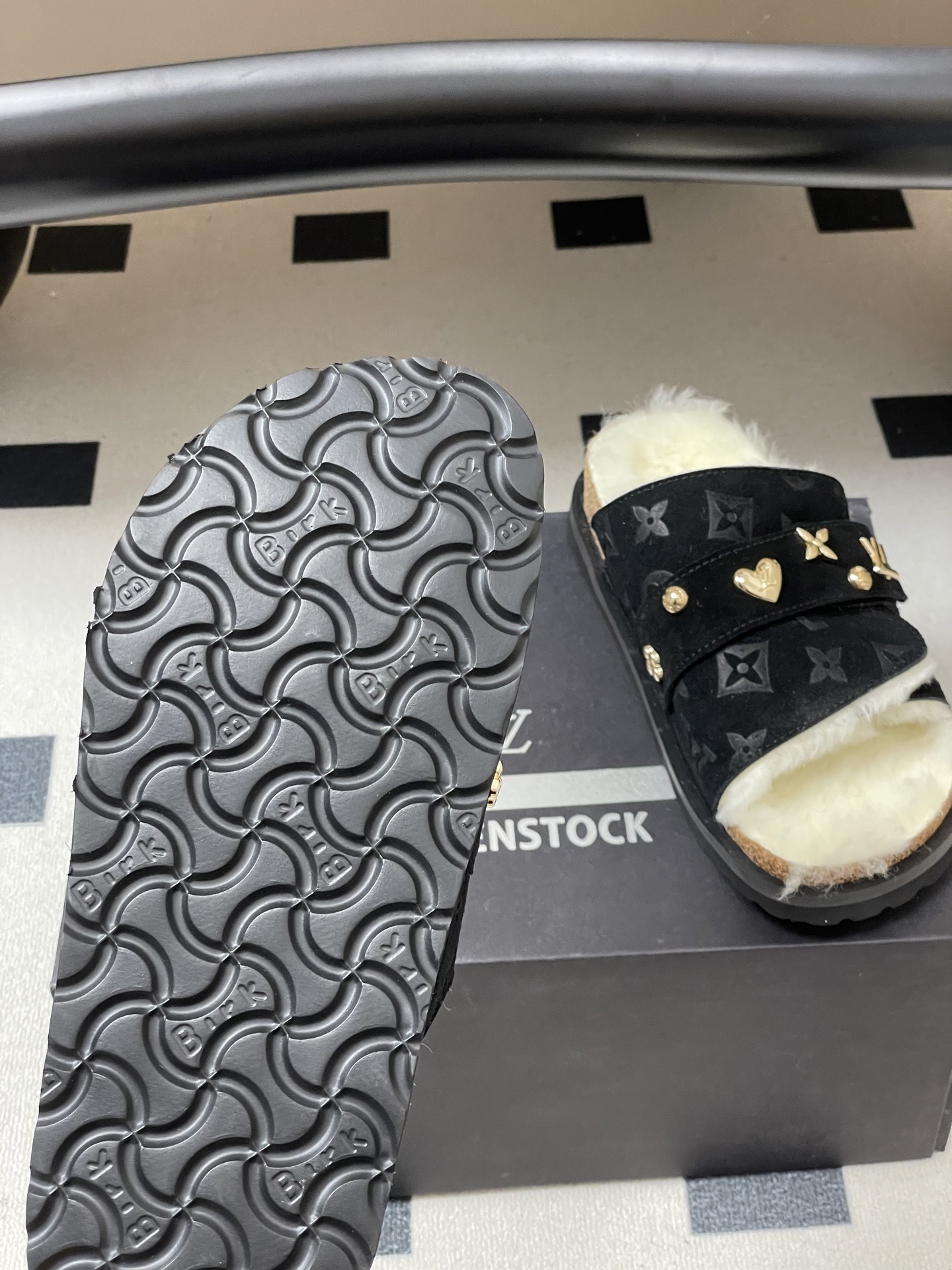 Luxury Monogram Suede Shearling Mules with Gold Charms - Black