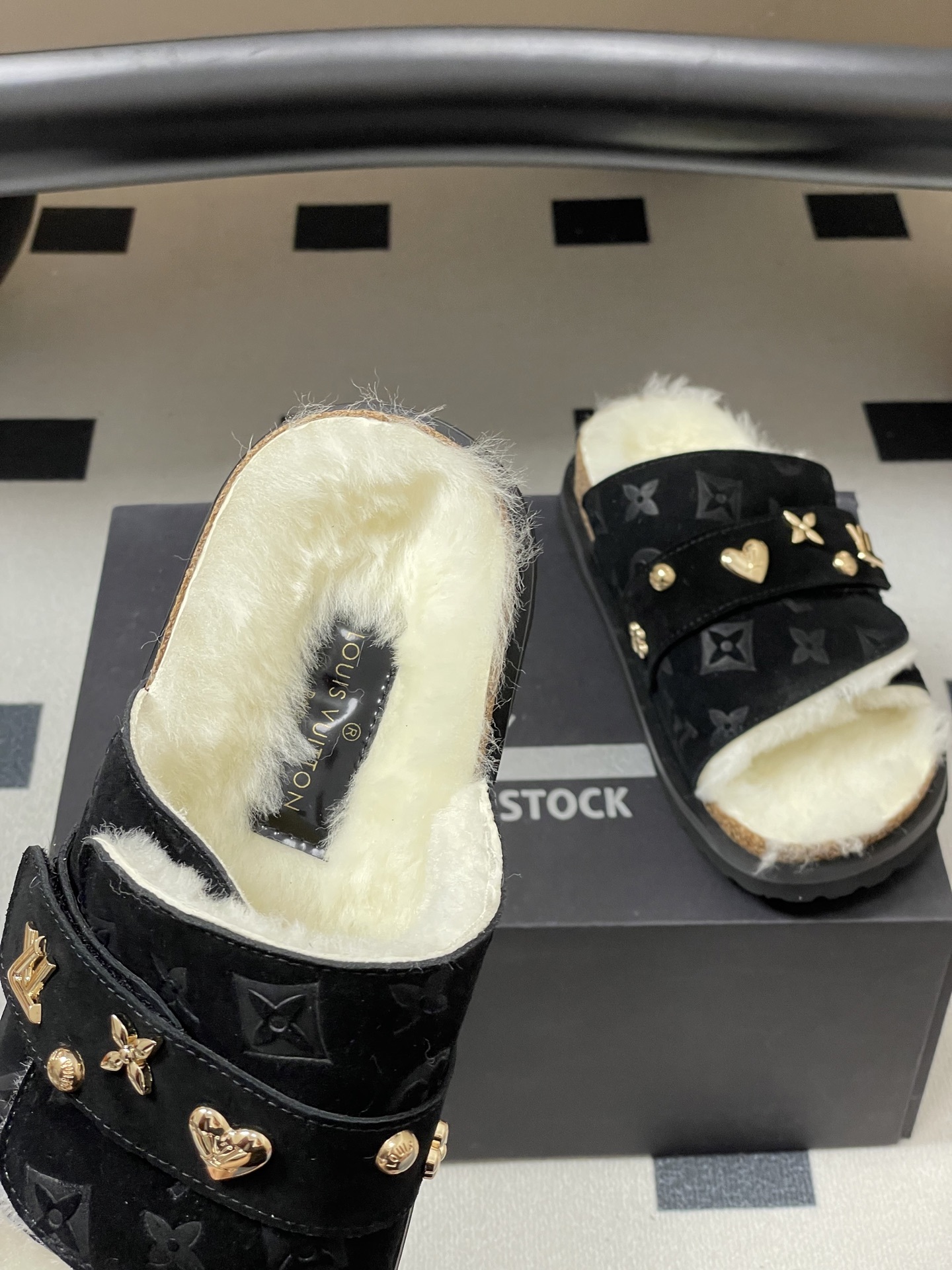 Luxury Monogram Suede Shearling Mules with Gold Charms - Black