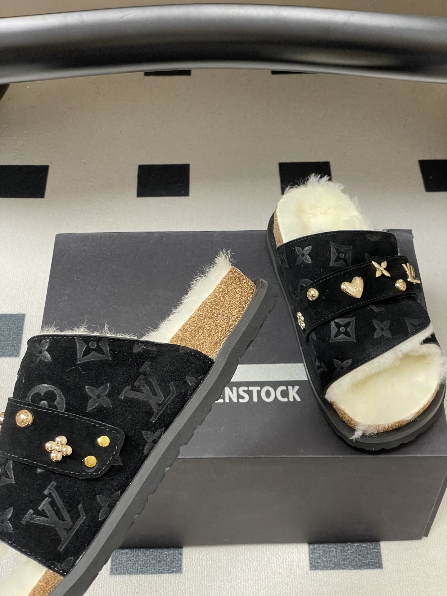 Luxury Monogram Suede Shearling Mules with Gold Charms - Black