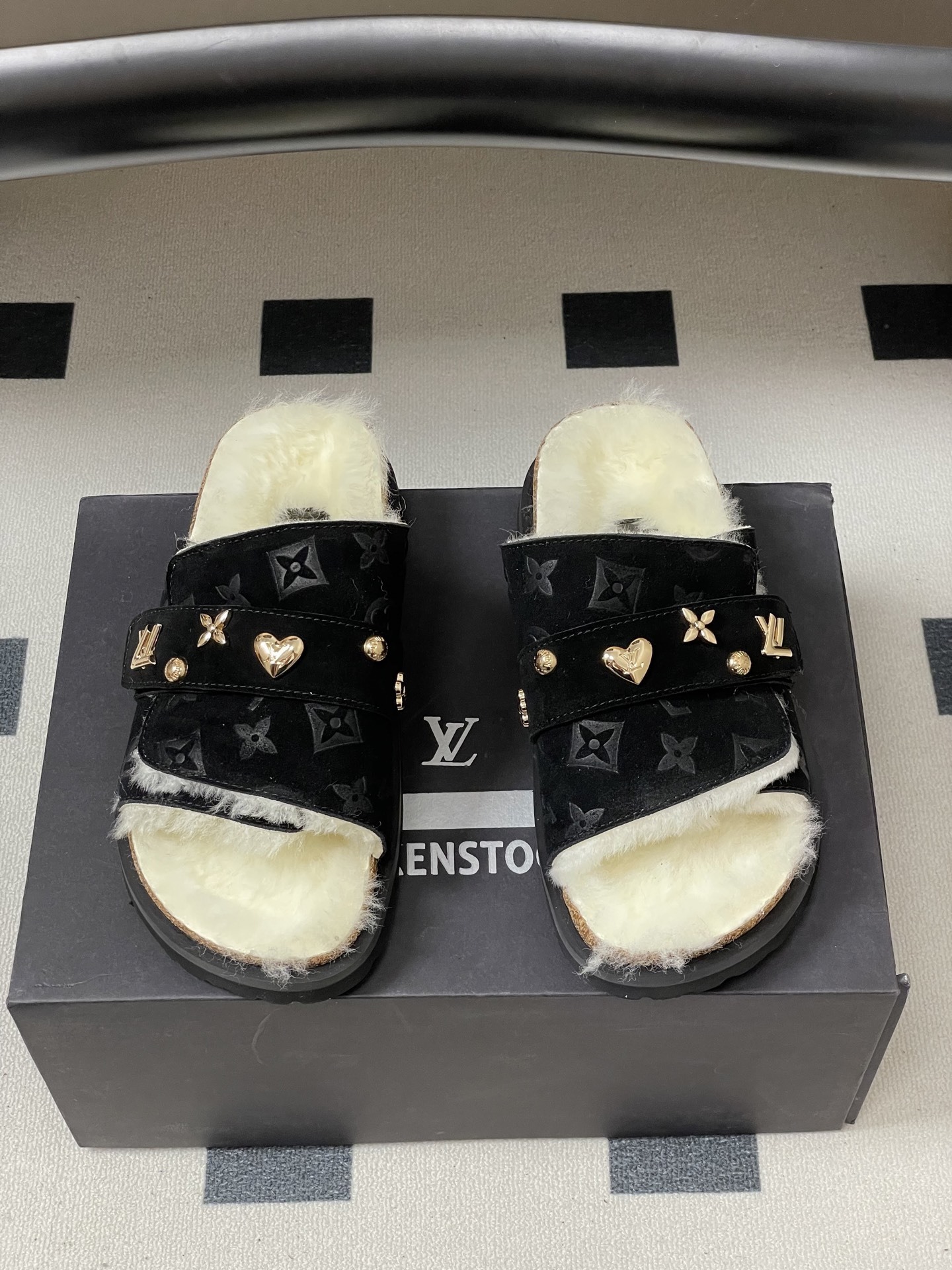 Luxury Monogram Suede Shearling Mules with Gold Charms - Black