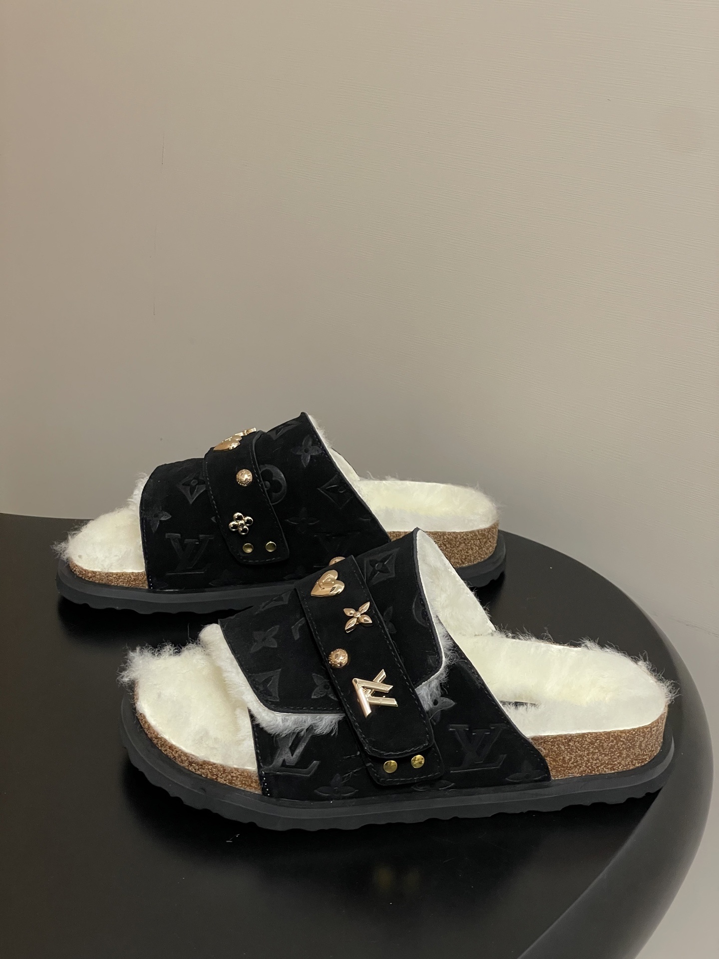 Luxury Monogram Suede Shearling Mules with Gold Charms - Black