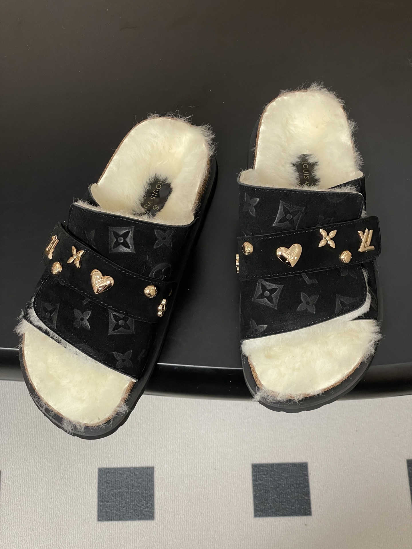Luxury Monogram Suede Shearling Mules with Gold Charms - Black
