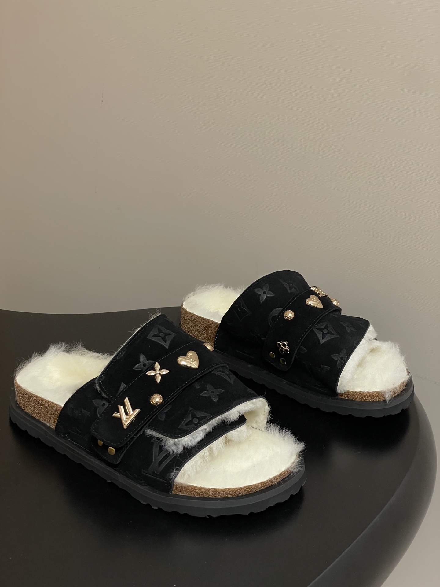 Luxury Monogram Suede Shearling Mules with Gold Charms – Black