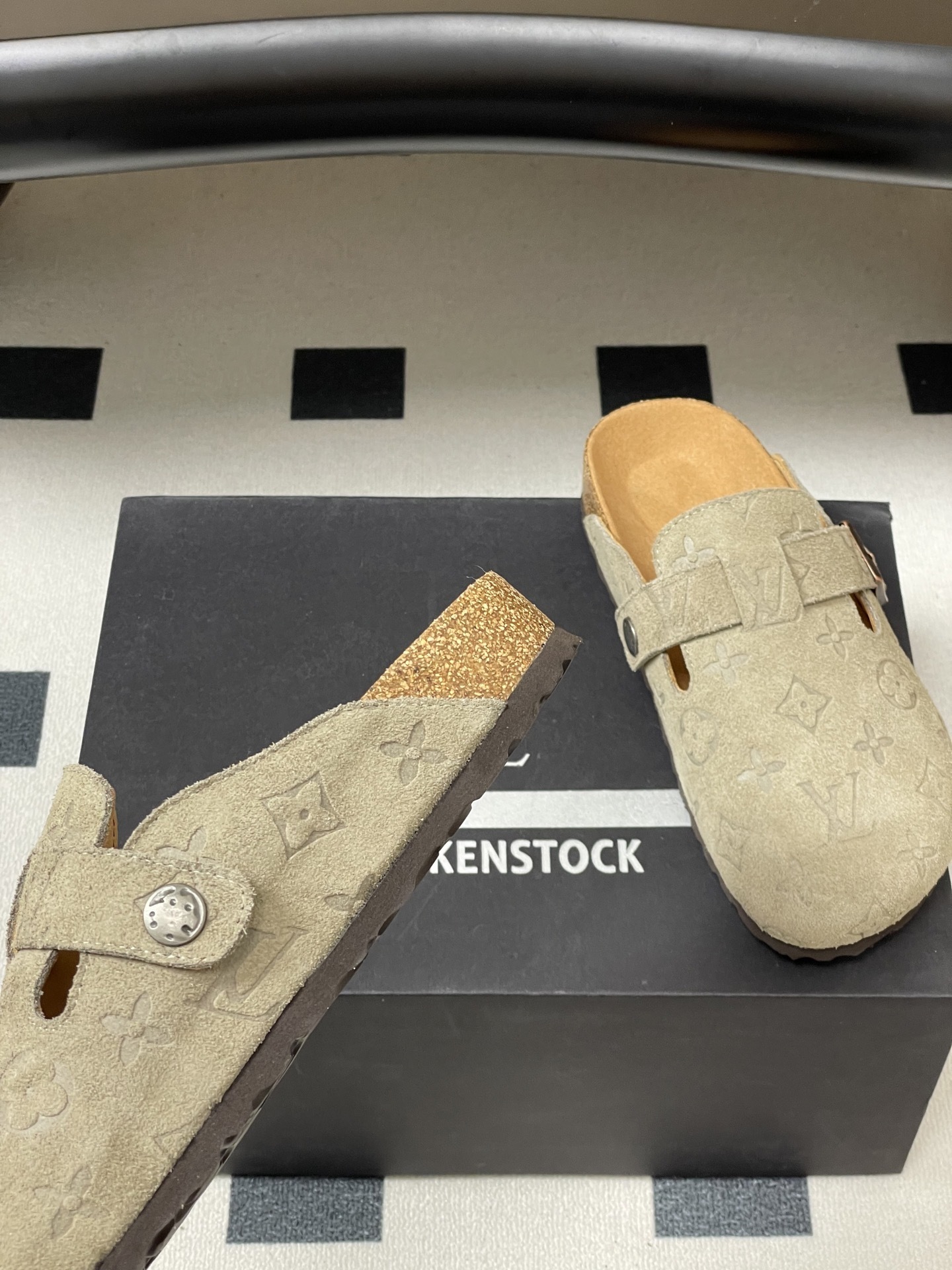 Designer Monogram Suede Clogs - Premium Cork Sole Mules