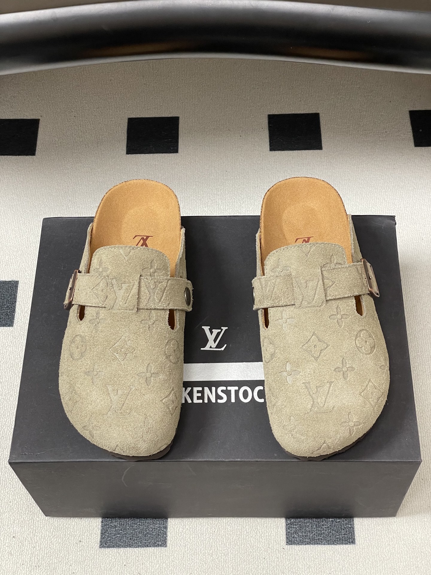 Designer Monogram Suede Clogs - Premium Cork Sole Mules