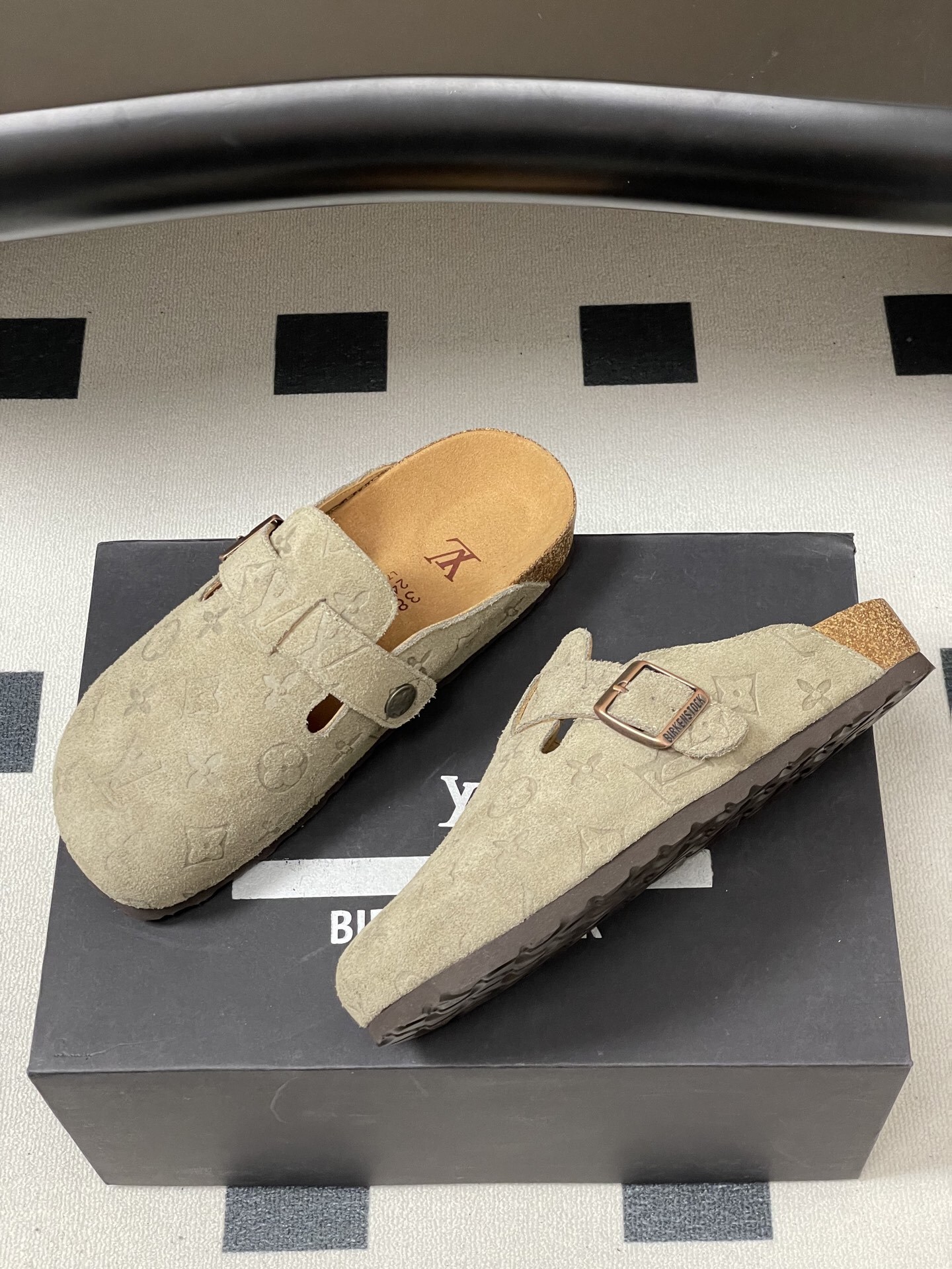 Designer Monogram Suede Clogs - Premium Cork Sole Mules