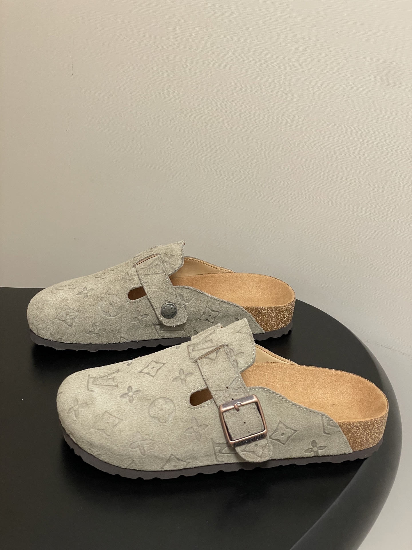 Designer Monogram Suede Clogs - Premium Cork Sole Mules