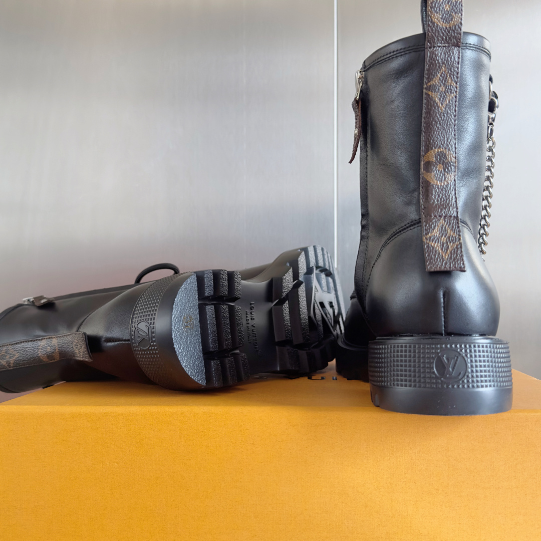 Louis Vuitton Black Leather Combat Boots with Chain & LV Logo