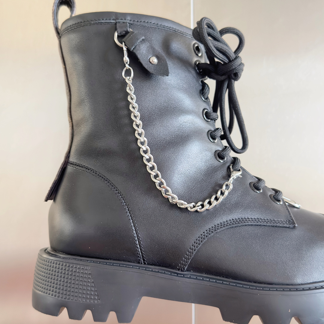 Louis Vuitton Black Leather Combat Boots with Chain & LV Logo