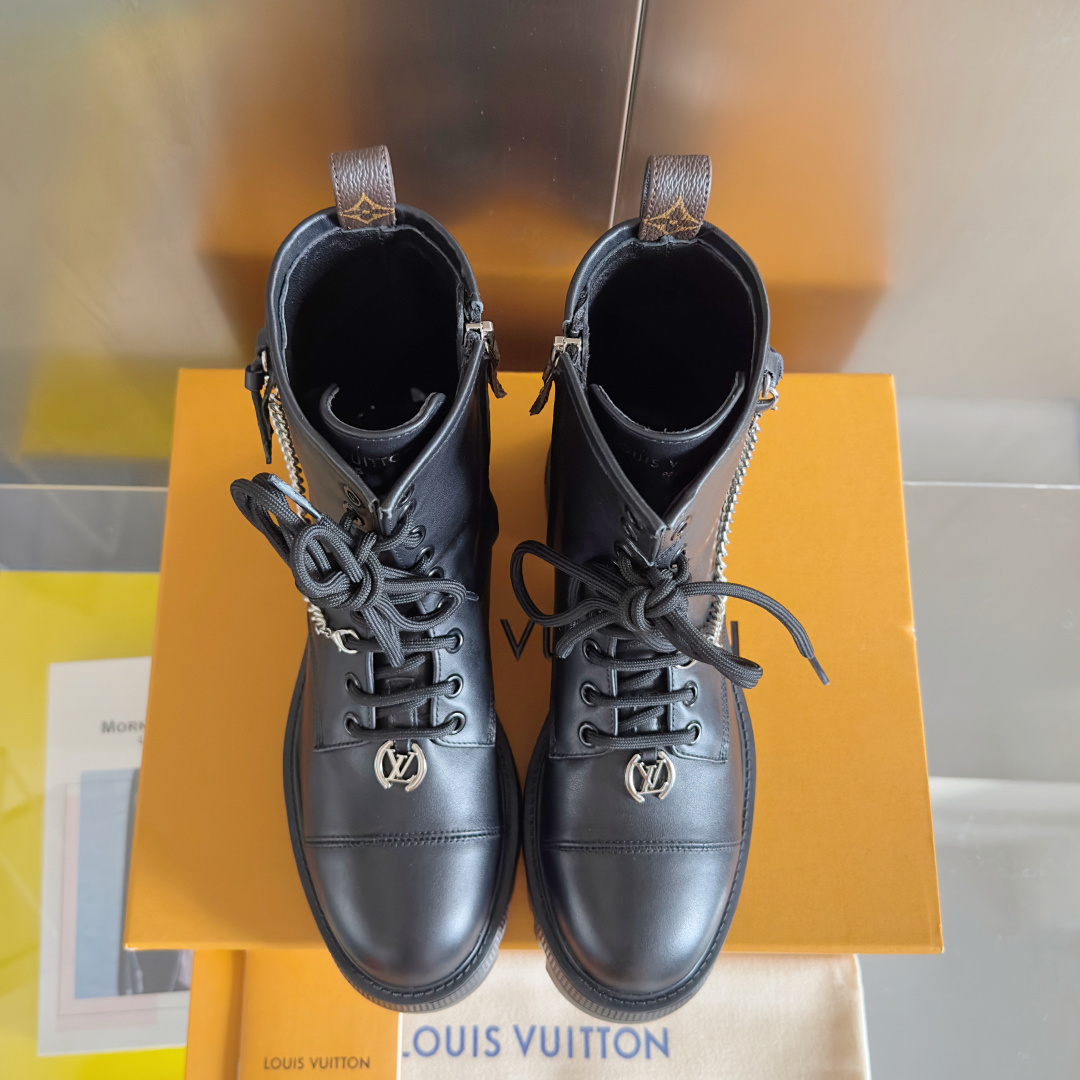Louis Vuitton Black Leather Combat Boots with Chain & LV Logo