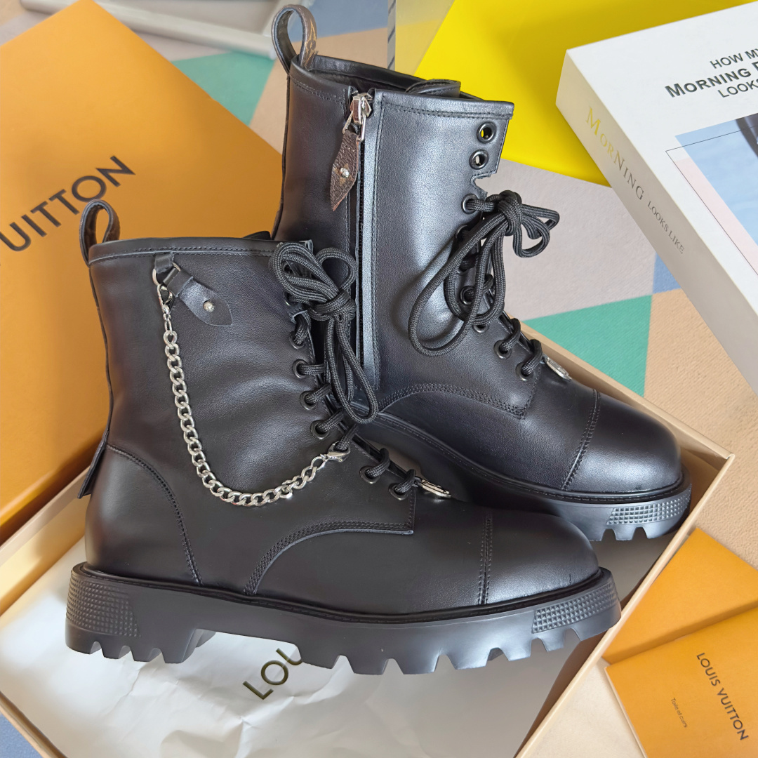 Louis Vuitton Black Leather Combat Boots with Chain & LV Logo