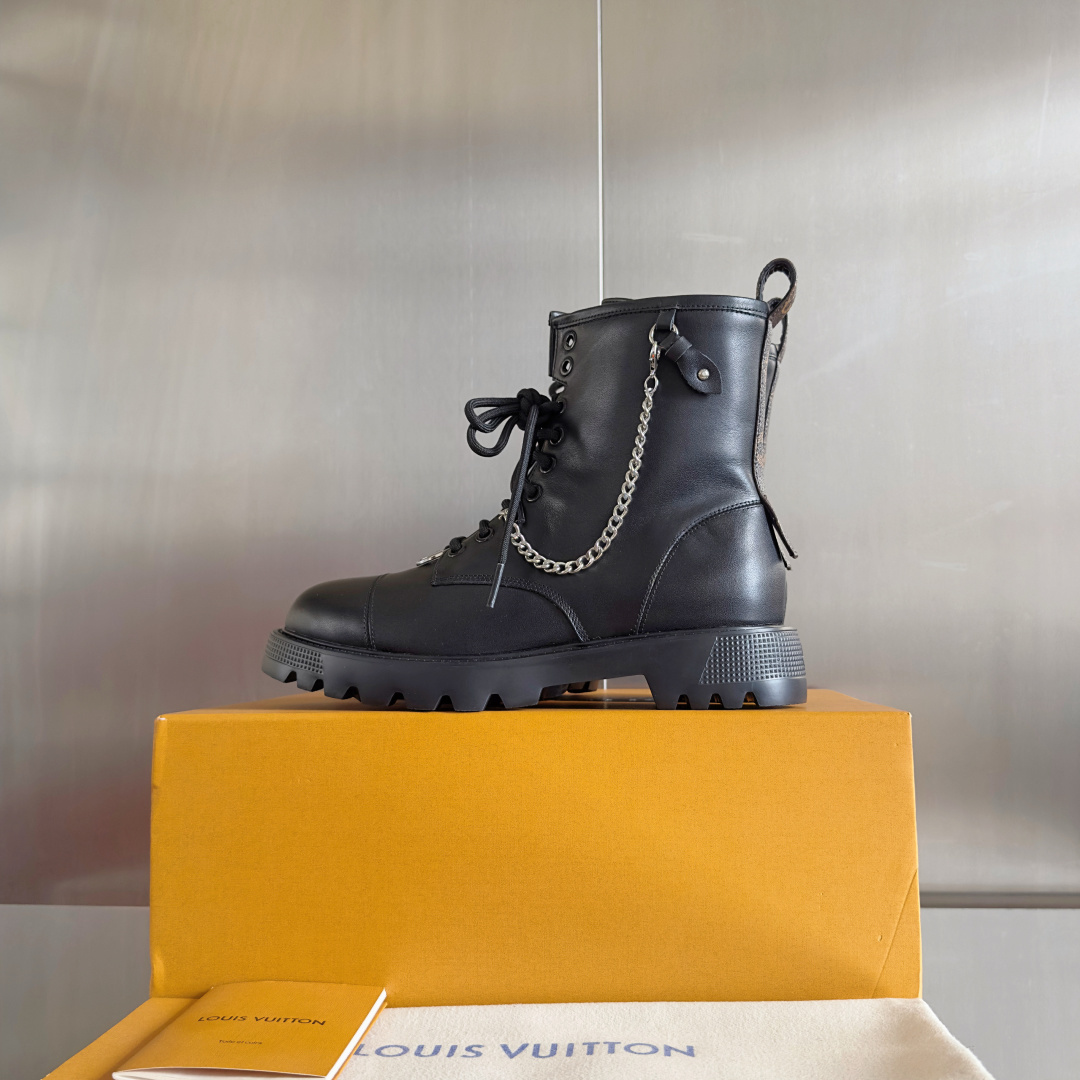 Louis Vuitton Black Leather Combat Boots with Chain & LV Logo