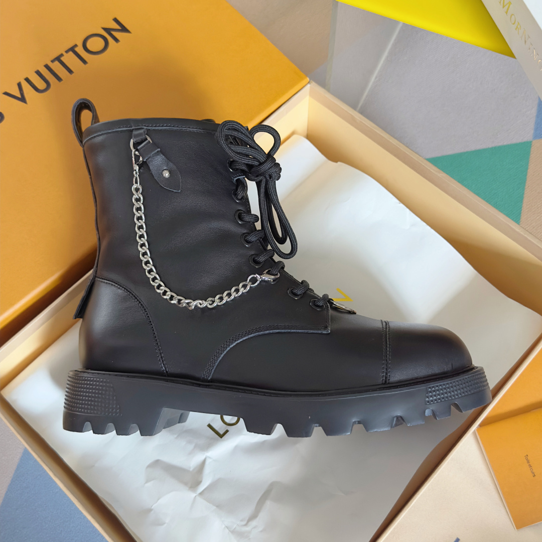Louis Vuitton Black Leather Combat Boots with Chain & LV Logo