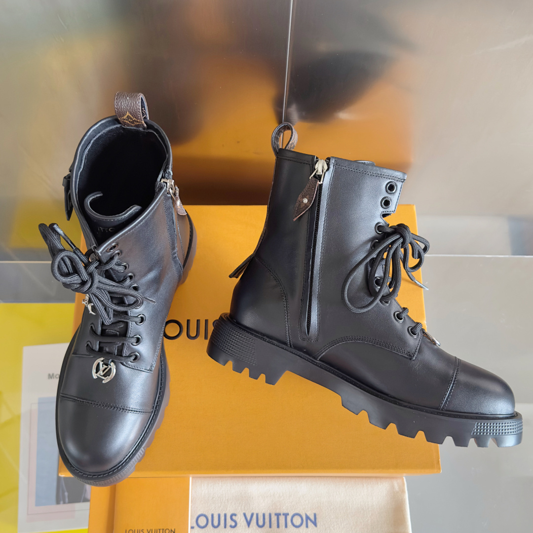 Louis Vuitton Black Leather Combat Boots with Chain & LV Logo