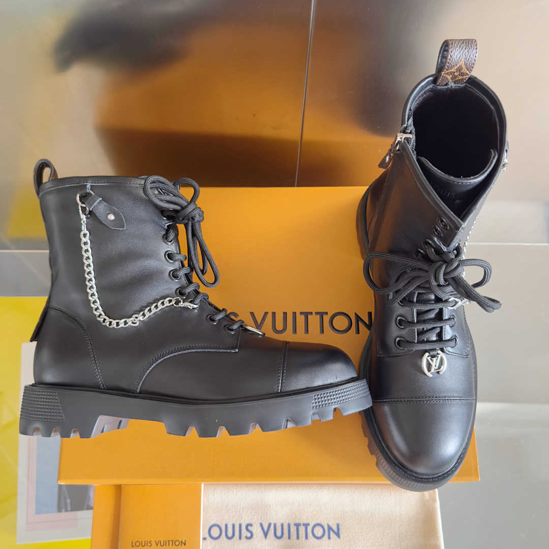 Louis Vuitton Black Leather Combat Boots with Chain & LV Logo