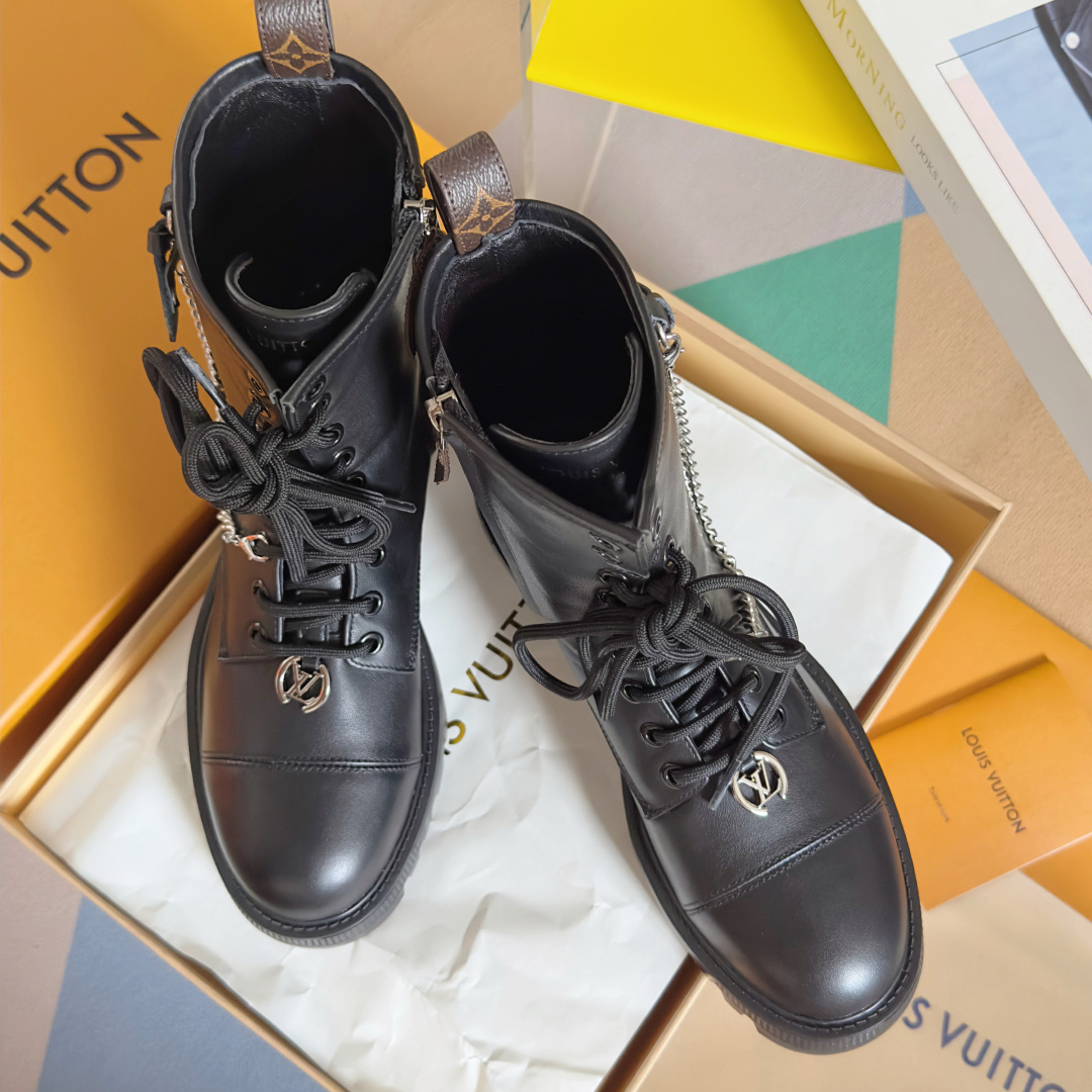 Louis Vuitton Black Leather Combat Boots with Chain & LV Logo