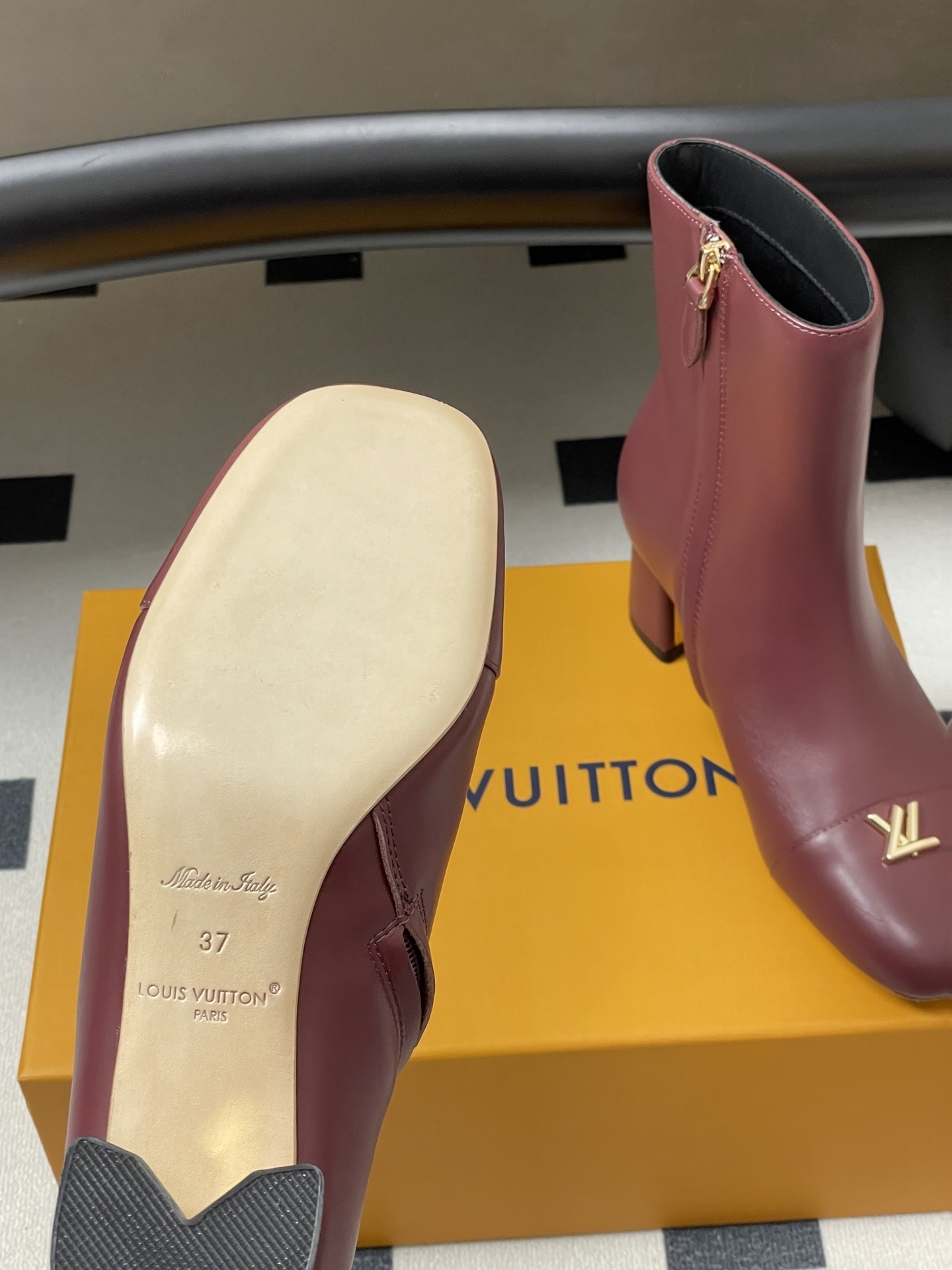 Elegant Burgundy Leather Ankle Boots with Gold Logo & Block Heel