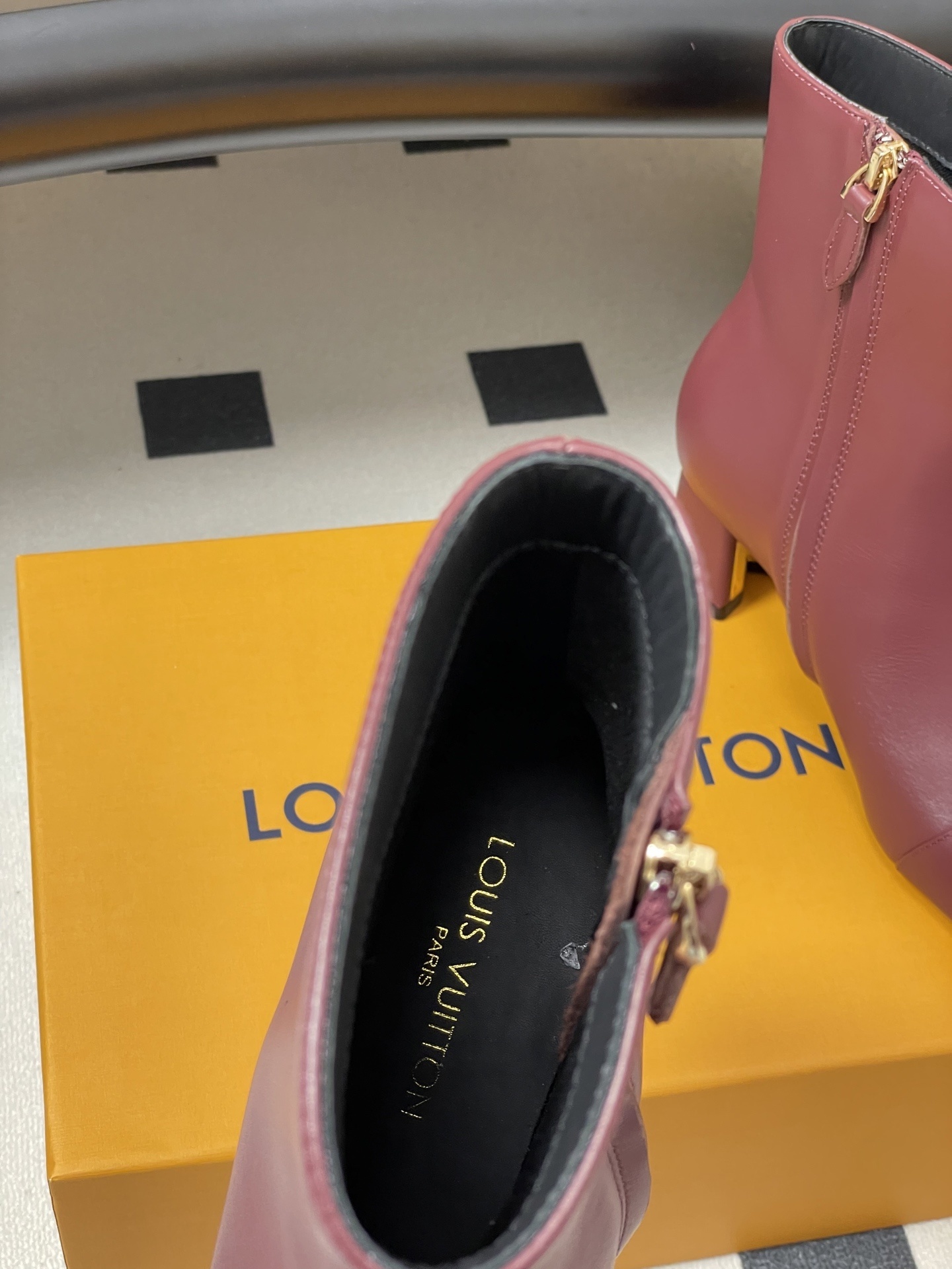 Elegant Burgundy Leather Ankle Boots with Gold Logo & Block Heel